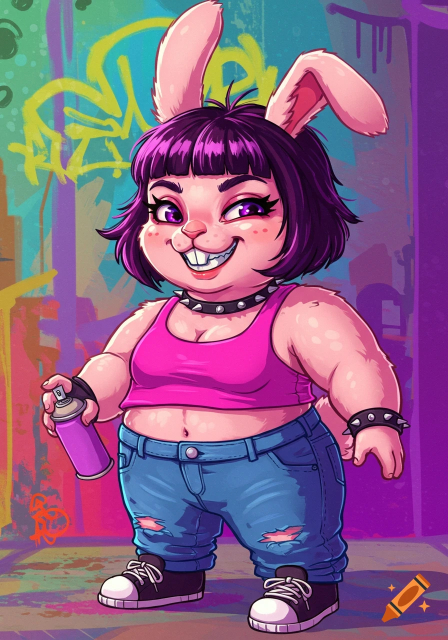 Chunky anthropomorphic rabbit with purple emo hair, pink crop top ...