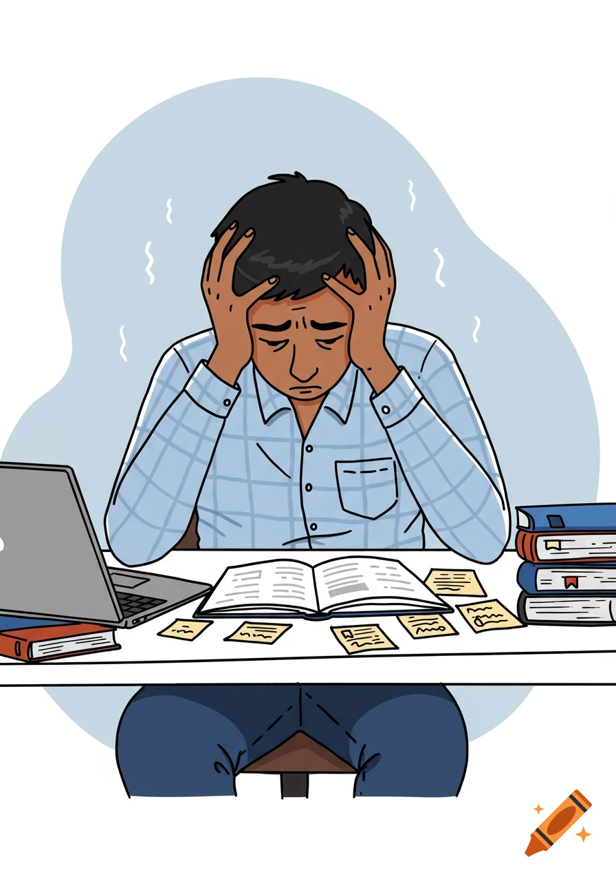 A vector illustration of a stressed university student with his head in his hands, surrounded by books, sticky notes, and a laptop.