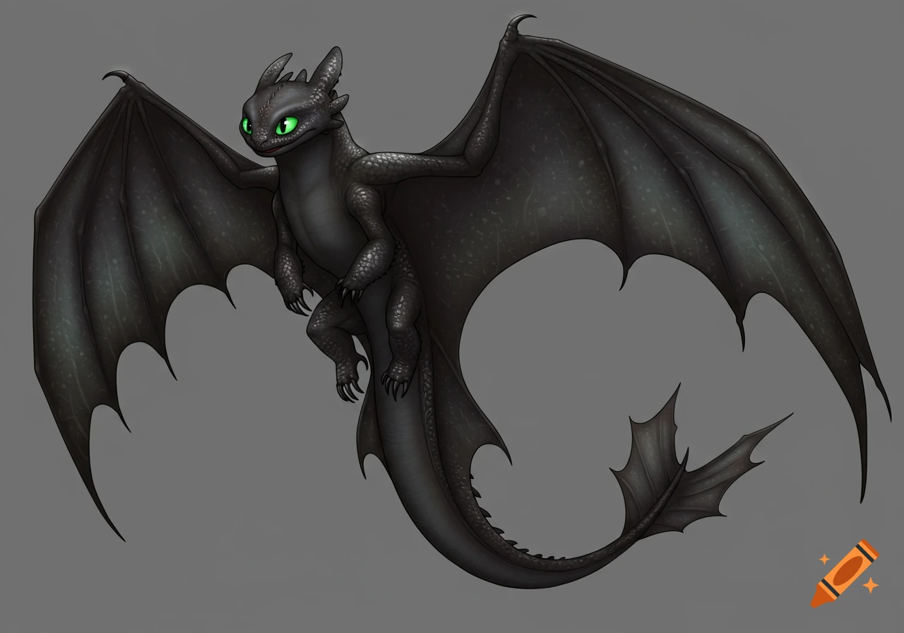 A stylized black dragon with glowing green eyes, large bat-like wings spread wide, sharp claws, and a long tail, depicted in a digital painting.