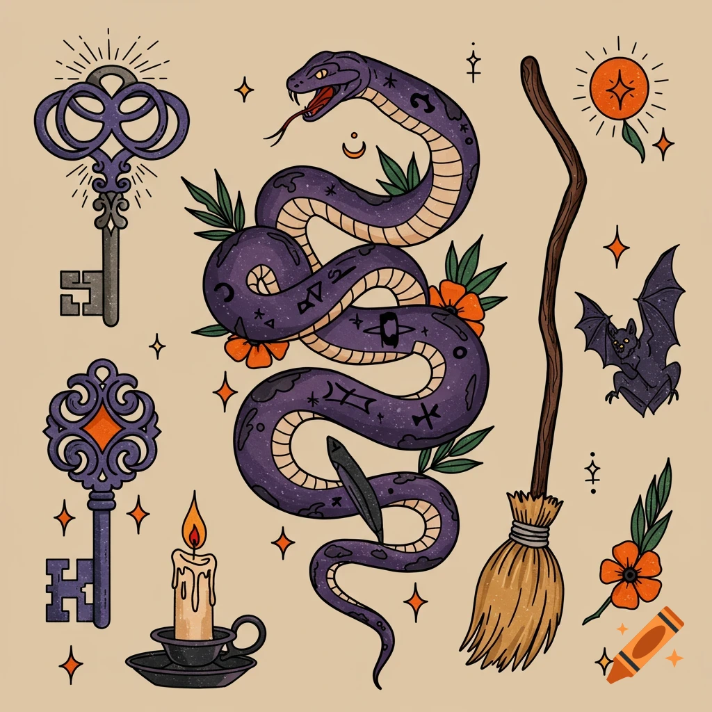 An illustration in the style of a tattoo flash sheet featuring a coiled purple snake, ornate keys, a bat, a broom, a candle, and stars on a beige background.