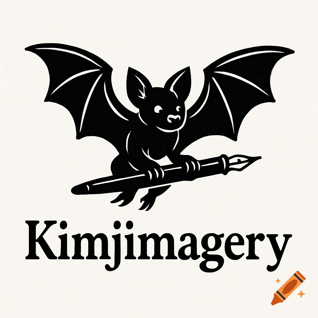 A black and white logo featuring a stylized bat with outstretched wings holding an ink pen, flying above the text "Kimjimagery".