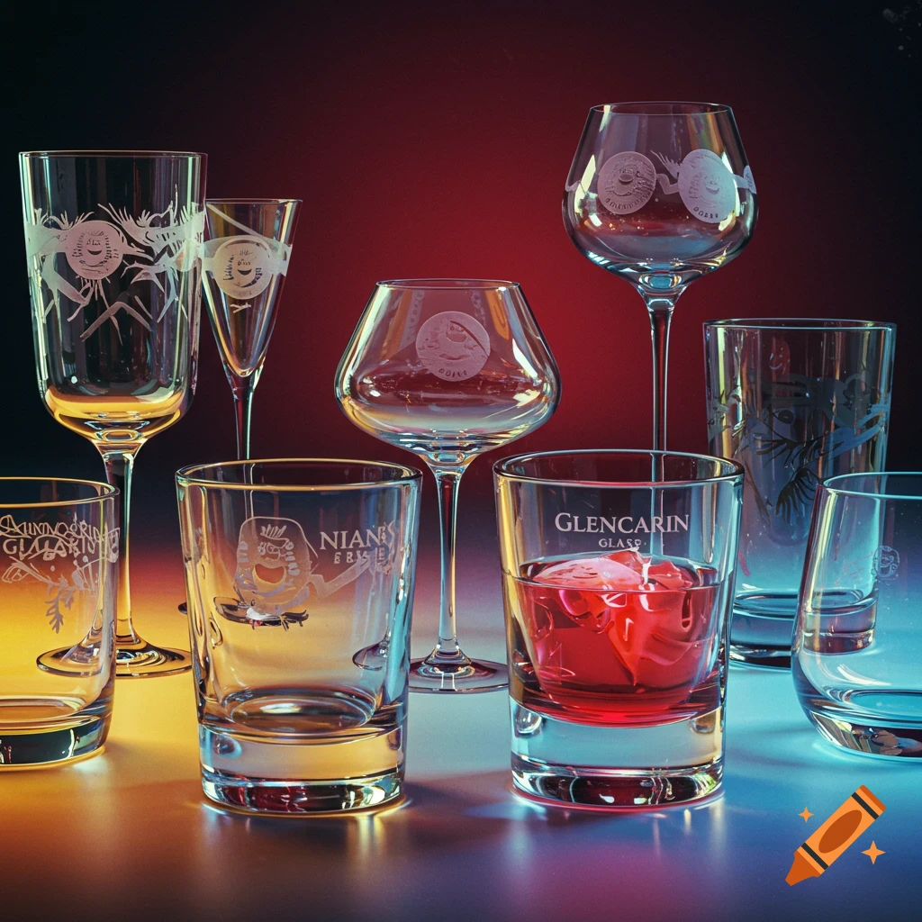 A still life arrangement of various clear glass drinkware, some with etched designs and one with red liquid and ice, set against a red and blue gradient background.