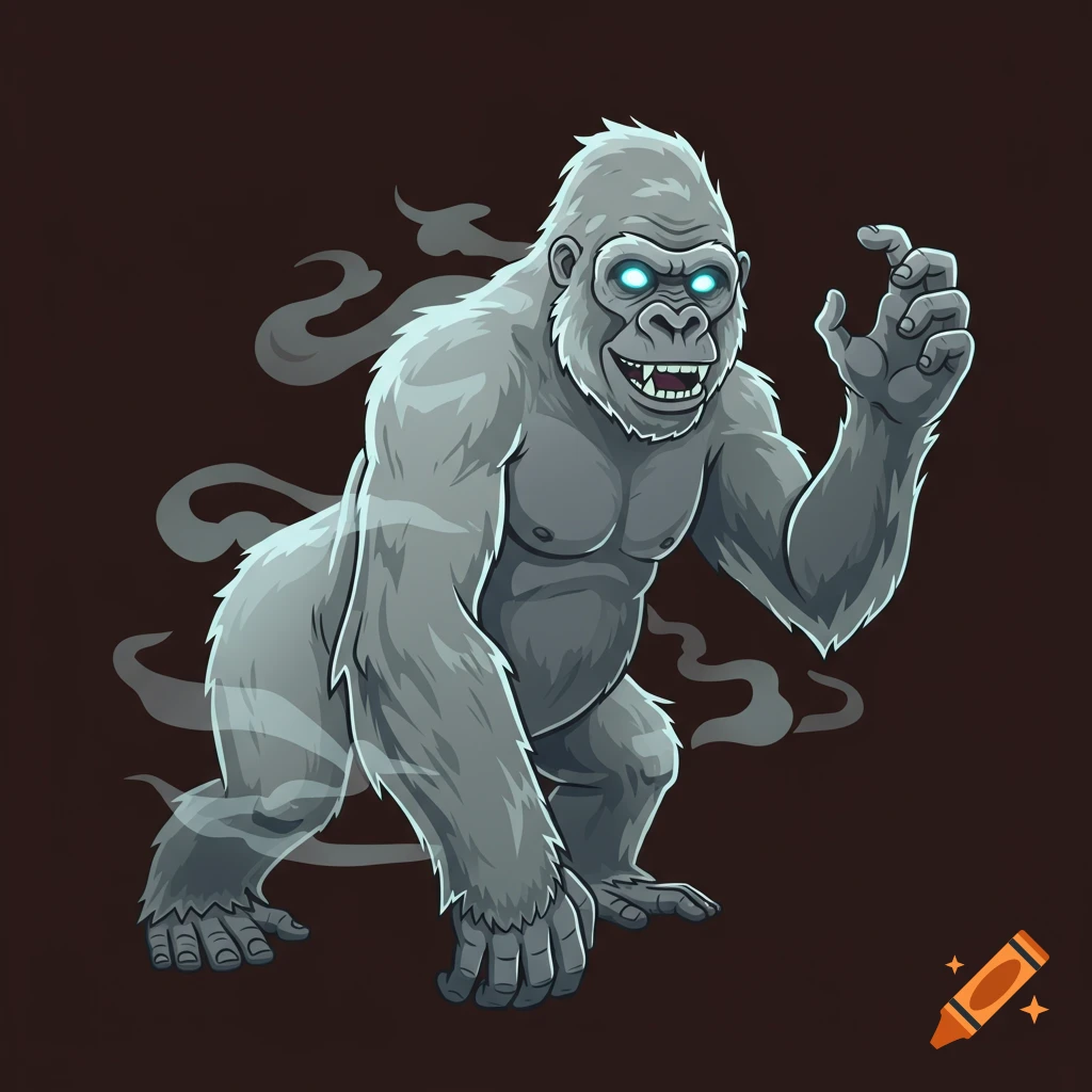 A menacing, cartoon-style ghost gorilla with glowing blue eyes and smoke around its body, on a dark background.