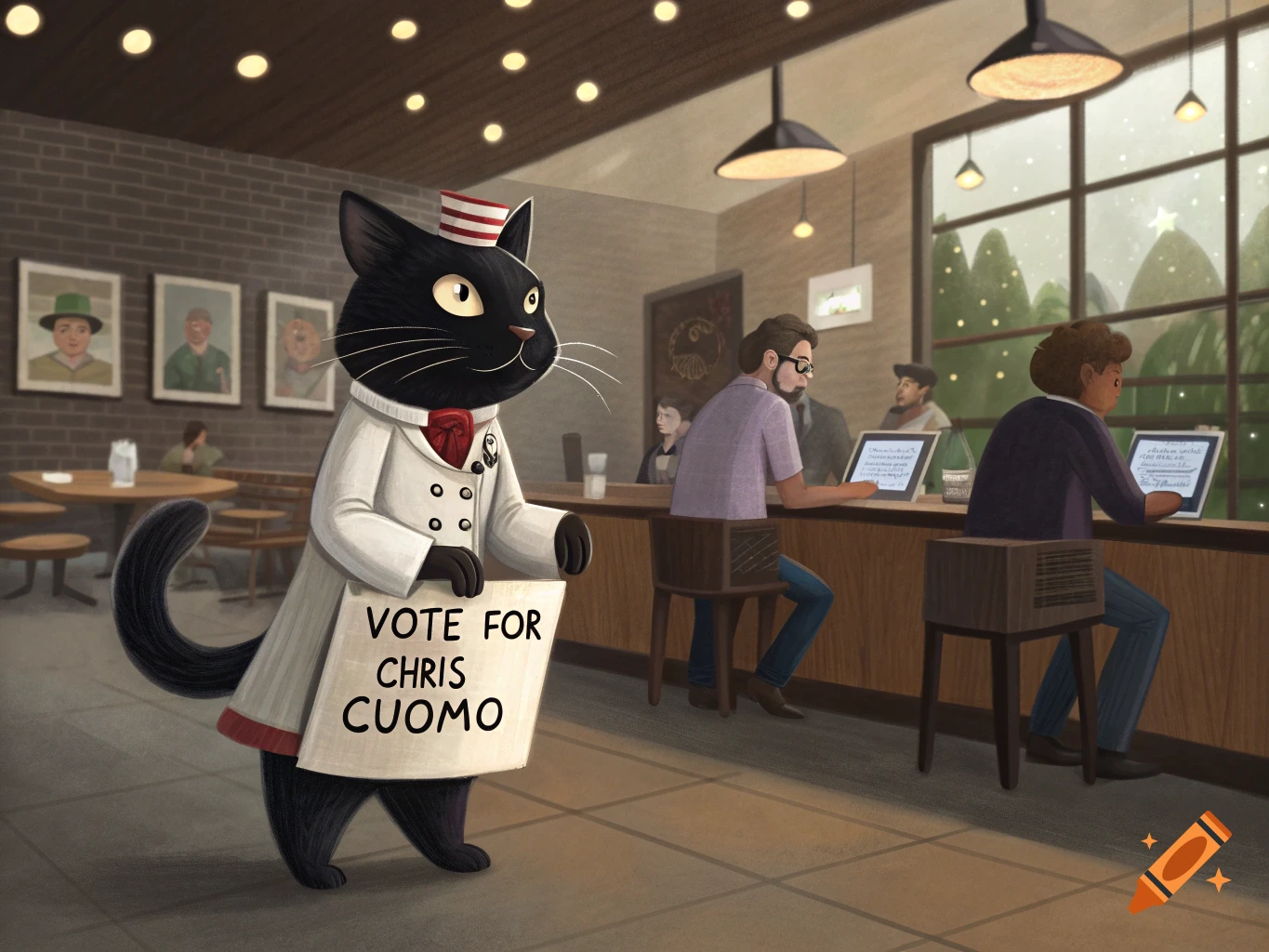 A black cat in a chef's coat holds a 'Vote for Chris Cuomo' sign in a cafe. People sit at tables and a bar.