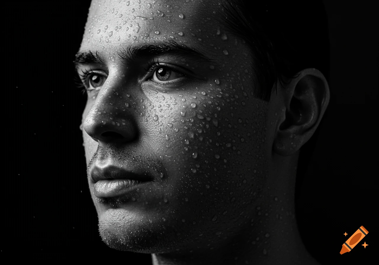Black and white close-up portrait of a man's face covered in water droplets, looking left with a proud expression.