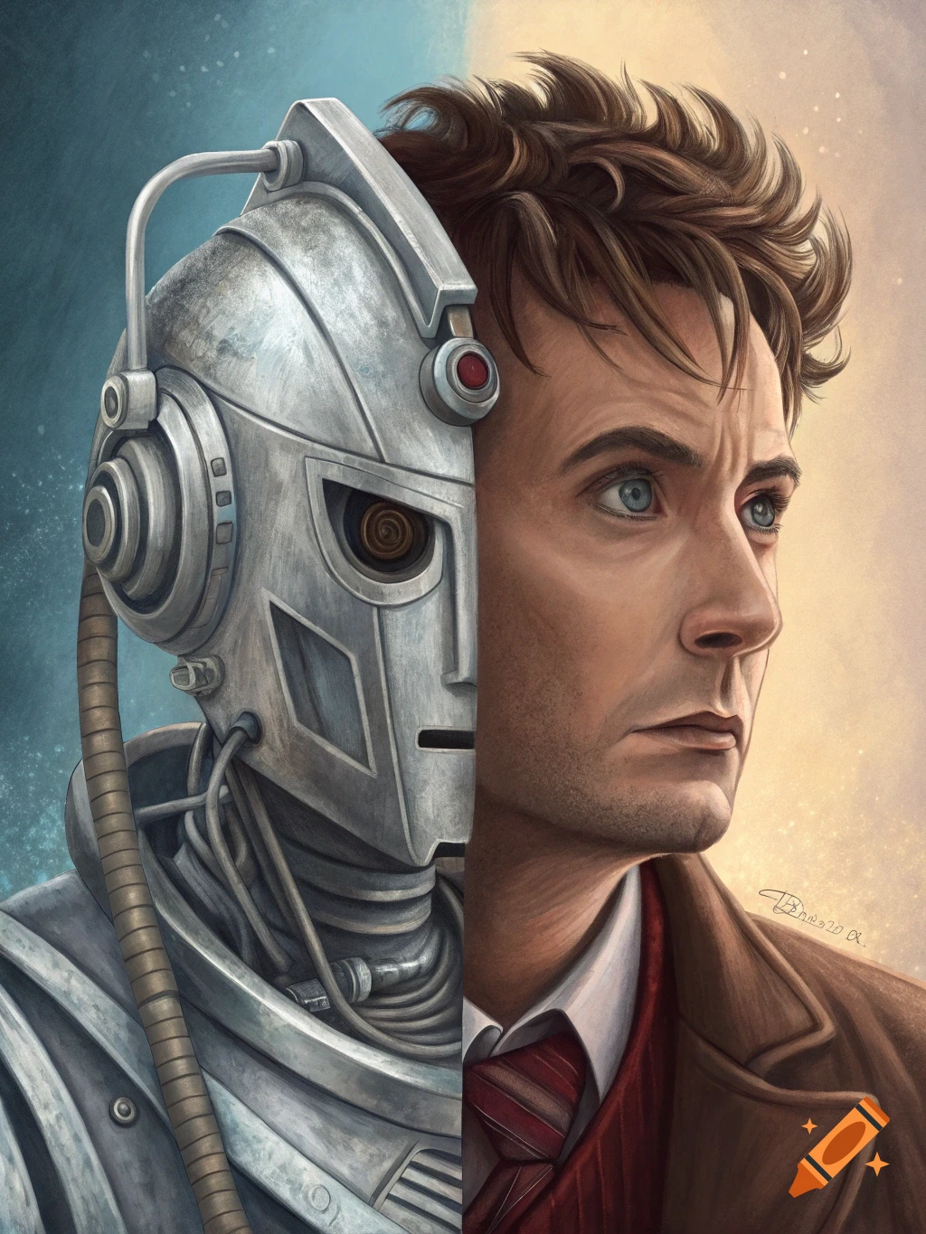 A split portrait showing a metallic Cyberman head on the left and a man's face with brown hair on the right, against a split blue and gold background.