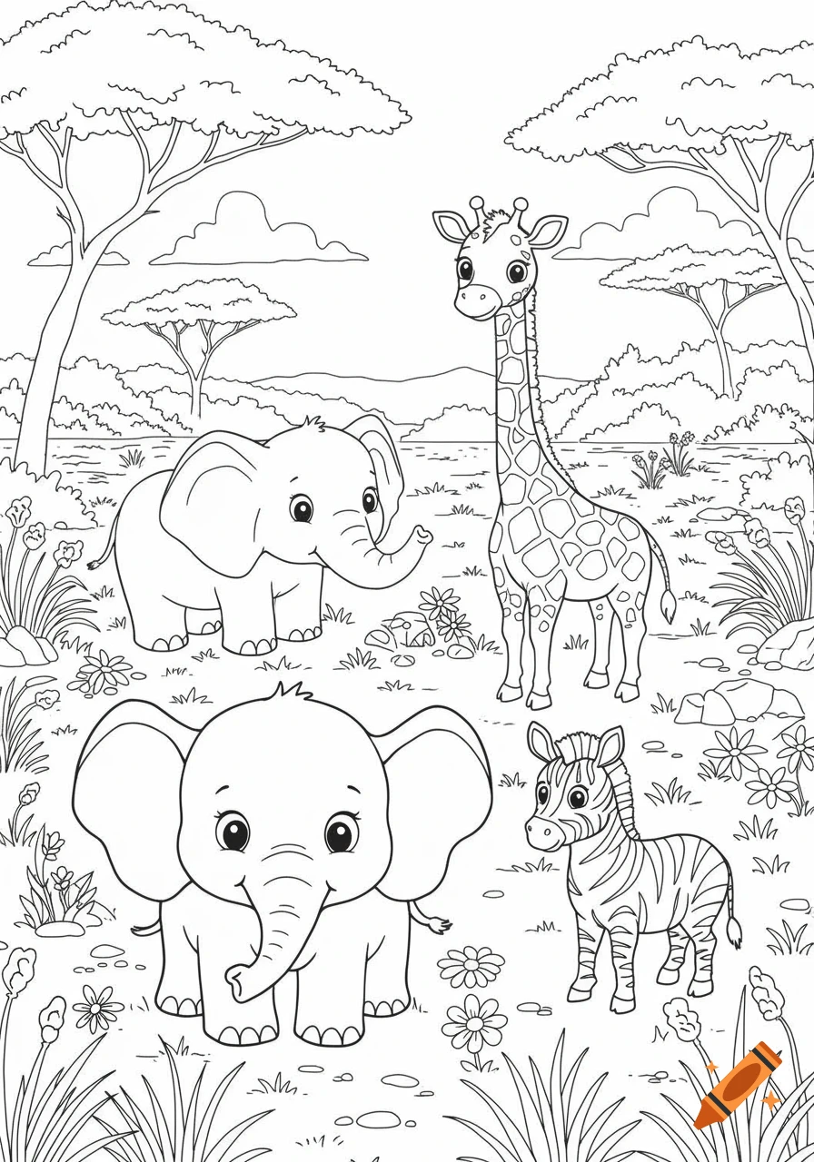 A black and white cartoon coloring page featuring two cute elephants, a giraffe, and a zebra in a savanna landscape.