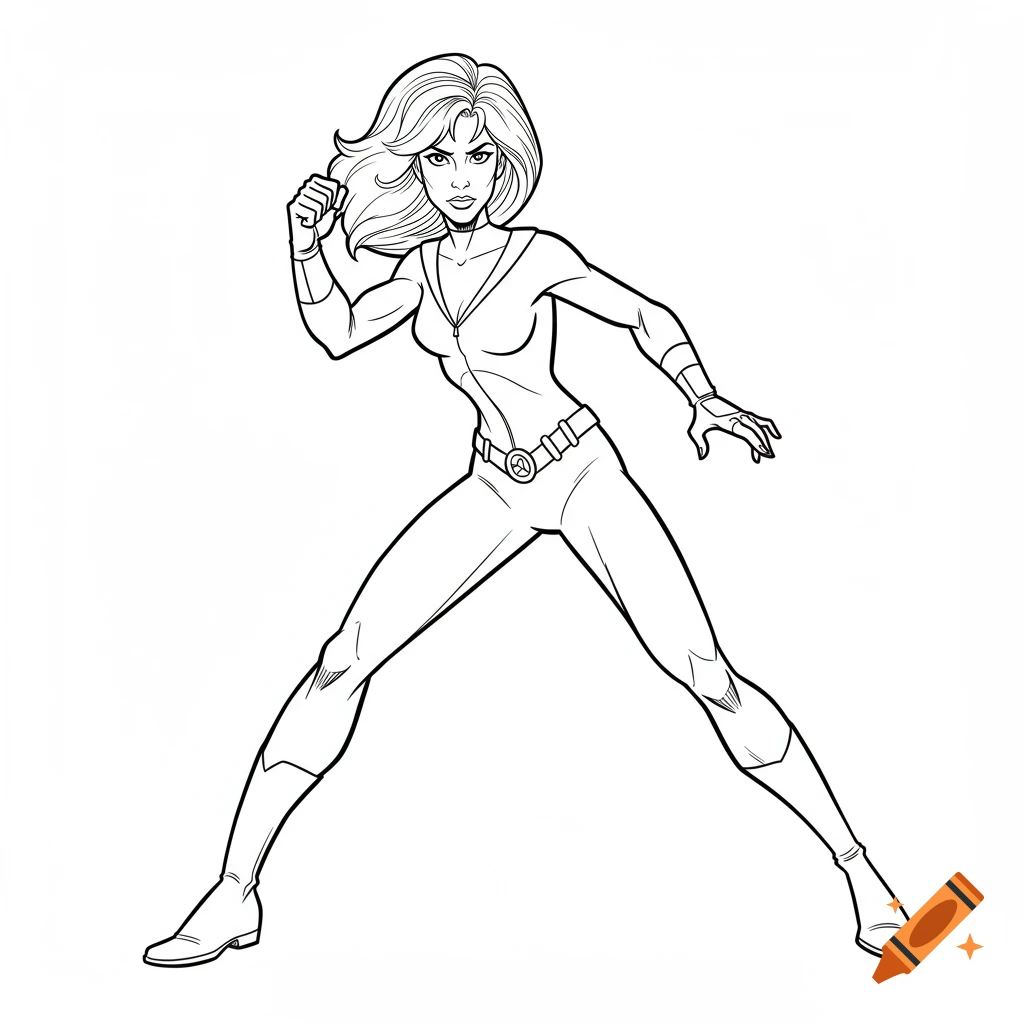 Line art of a female superhero character in a dynamic pose, wearing a full-body suit with a belt.