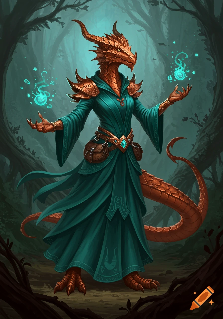 A female dragonborn druid with copper scales and flowing teal robes casts magic in a dark fantasy forest, detailed art style.