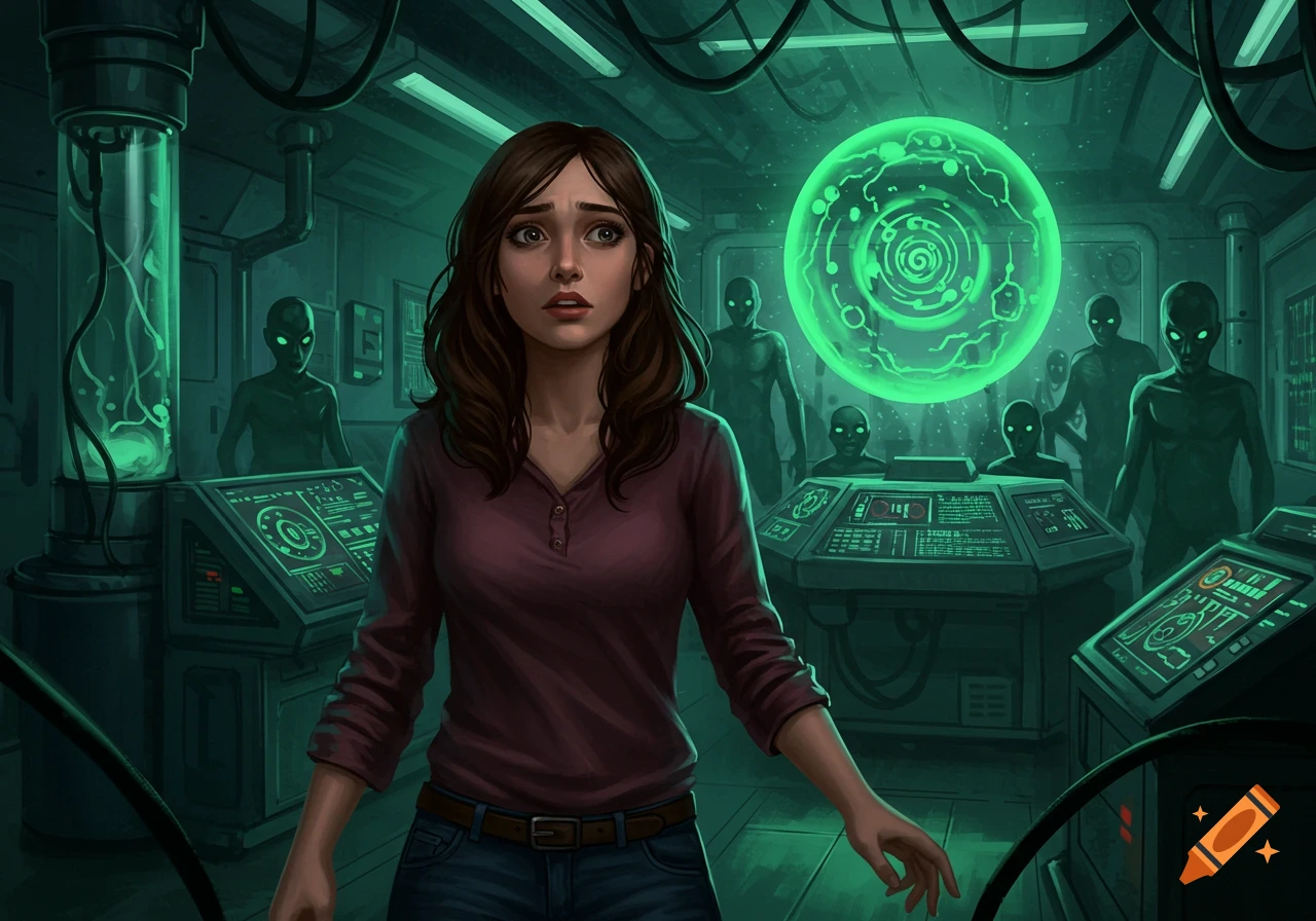A brunette woman looking scared in a dark, green-lit futuristic lab, surrounded by shadowy alien figures and glowing high-tech equipment.