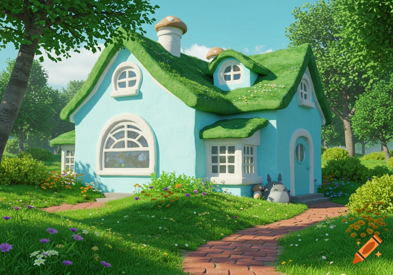 A whimsical blue house with a green mossy roof and a brick path, surrounded by a lush garden with flowers. A small Totoro character stands by the front door in a Ghibli-inspired style.