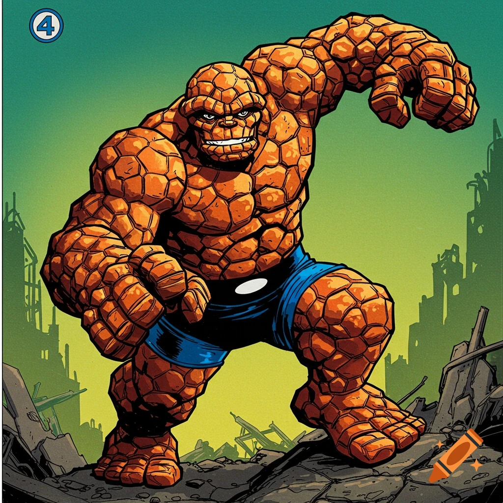 The Thing, a rocky superhero, crouches in a ruined city with a '4' logo in the corner, in comic book art style.