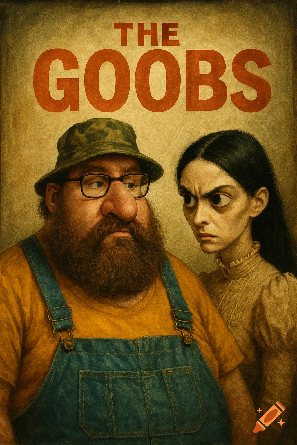 A movie poster titled 'THE GOOBS' features a bearded man with a large nose and glasses next to a thin woman with large eyes.