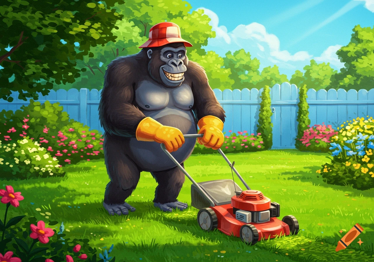 A cartoon gorilla wearing a red and white striped hat and yellow gloves, smiling as it pushes a red lawnmower in a sunny garden.