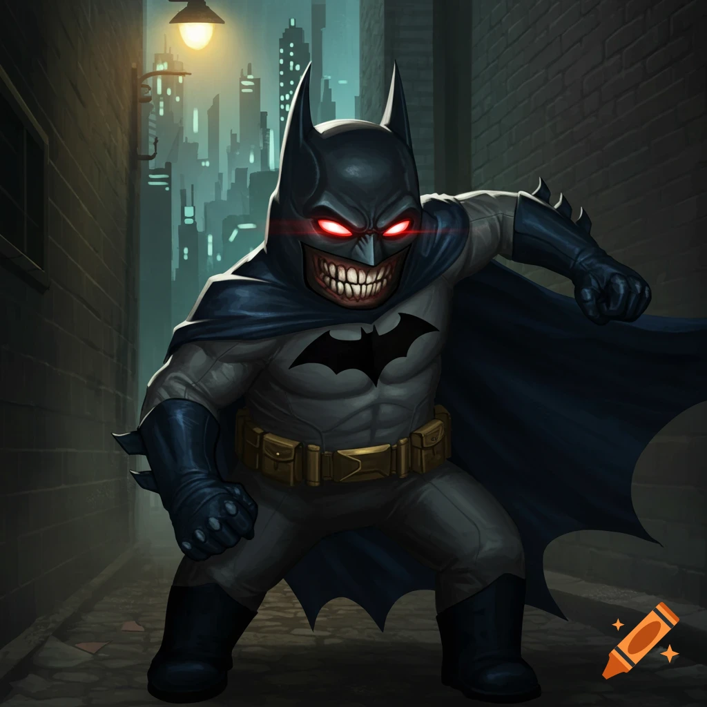 A menacing, squat Batman with red glowing eyes and a wide, toothy grin stands in a dark alley, cityscape in background.
