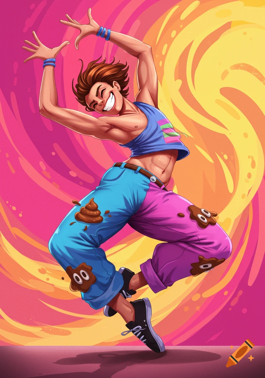 A vibrant cartoon illustration of a smiling person dancing, wearing a blue tank top and blue and pink pants splattered with cartoon poop against a swirling colorful background.