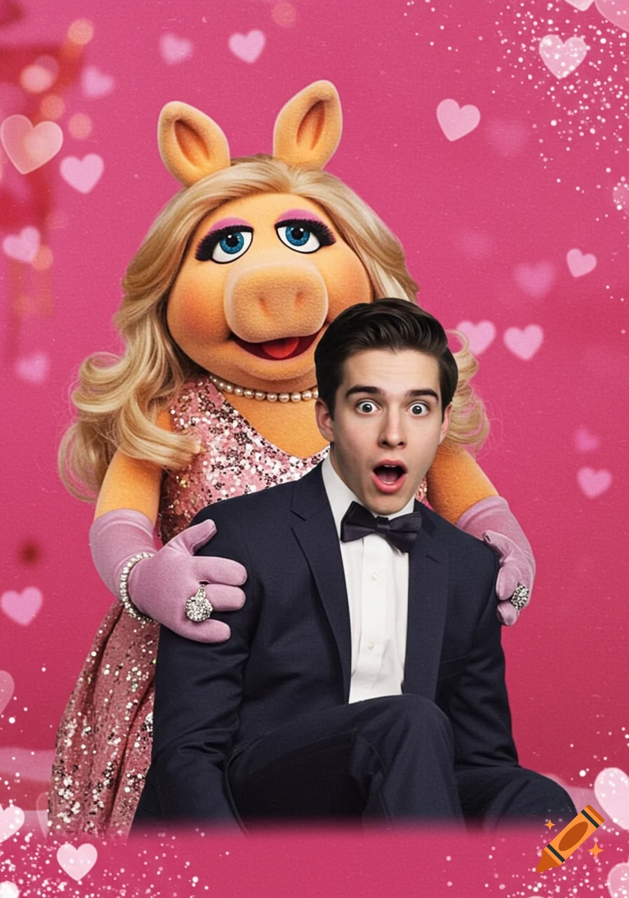 Miss Piggy holding a surprised young man, with a pink background and floating hearts.