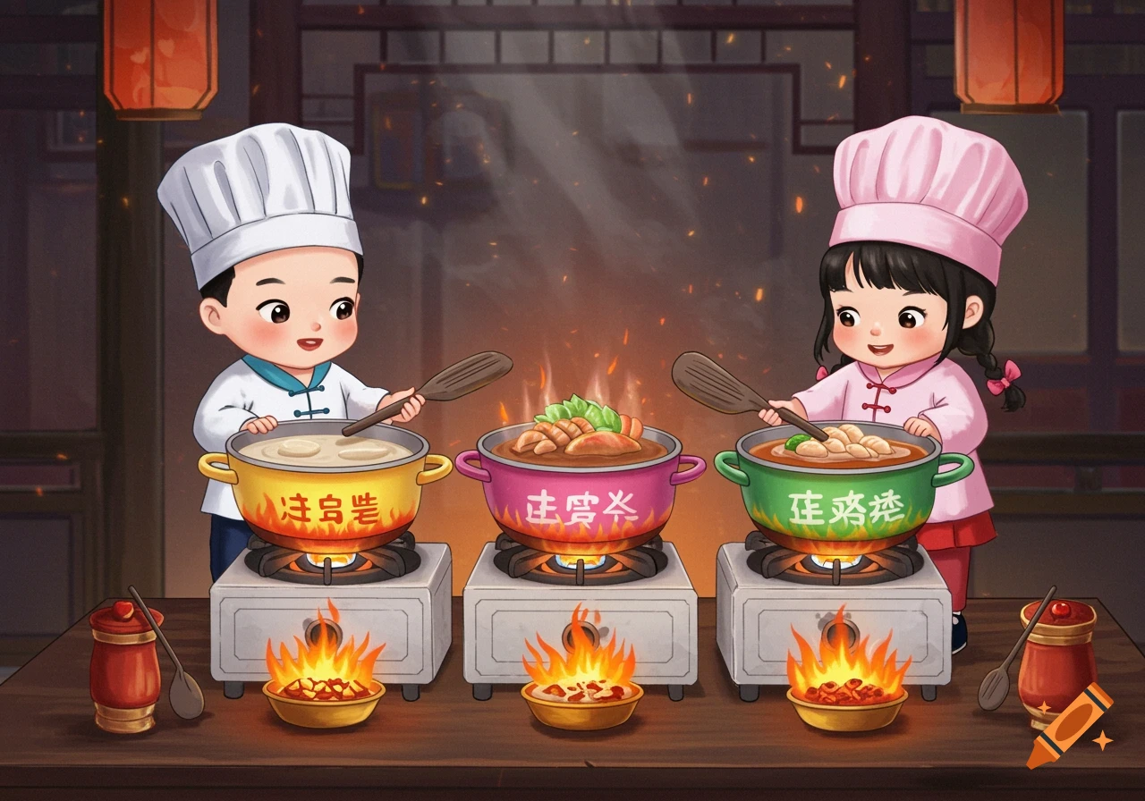 A cartoon boy and girl, dressed as traditional Chinese chefs, stir colorful hotpots on stoves in a warmly lit Chinese setting.