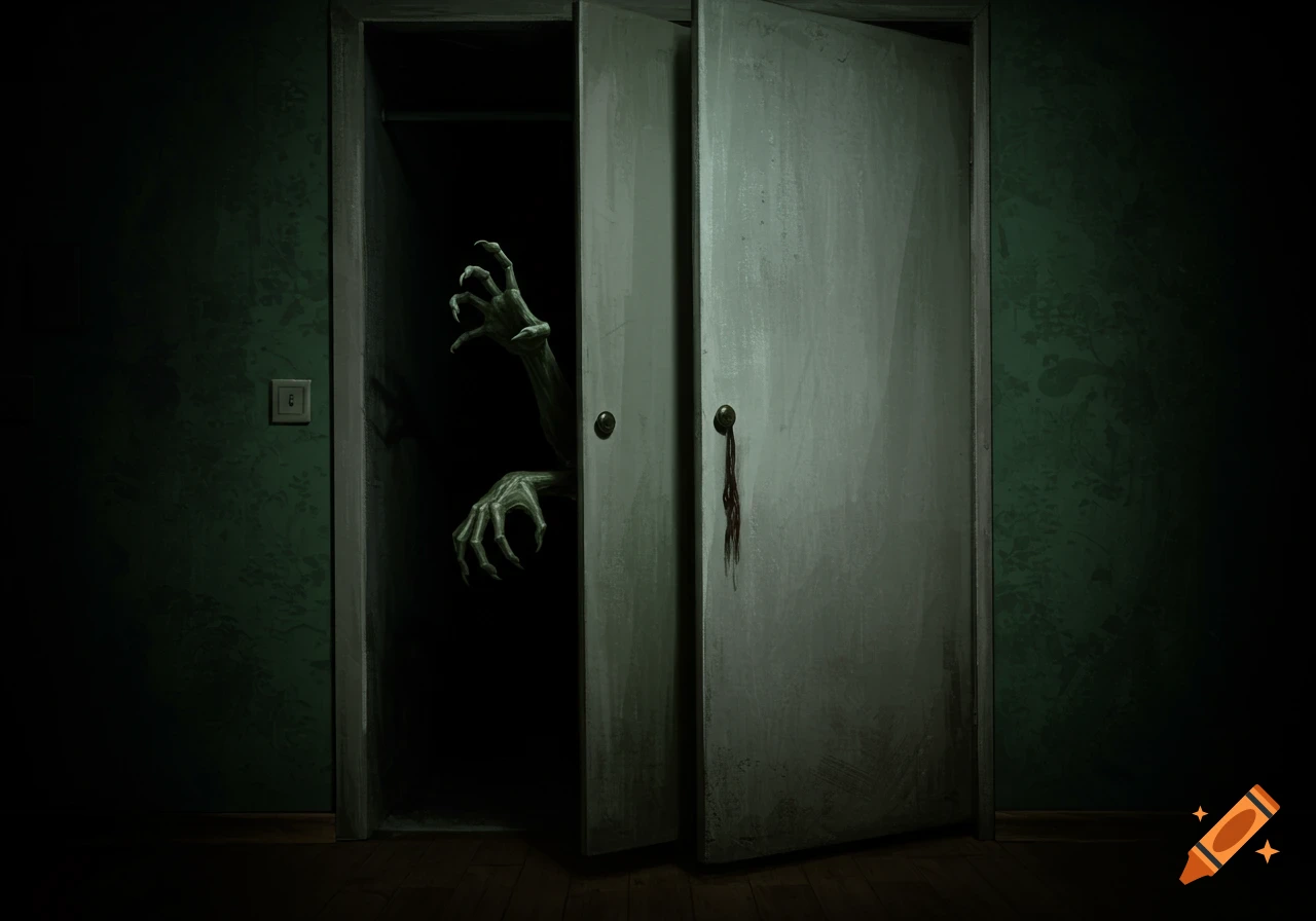 Spooky green hands reaching out from a dark, open closet door in a dim room.