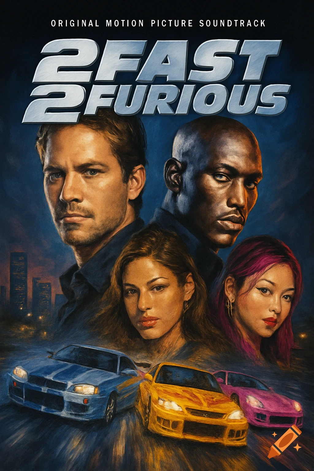 Painterly movie poster for 2 Fast 2 Furious featuring four characters and three sports cars, with text '2 FAST 2 FURIOUS' and 'ORIGINAL MOTION PICTURE SOUNDTRACK'.