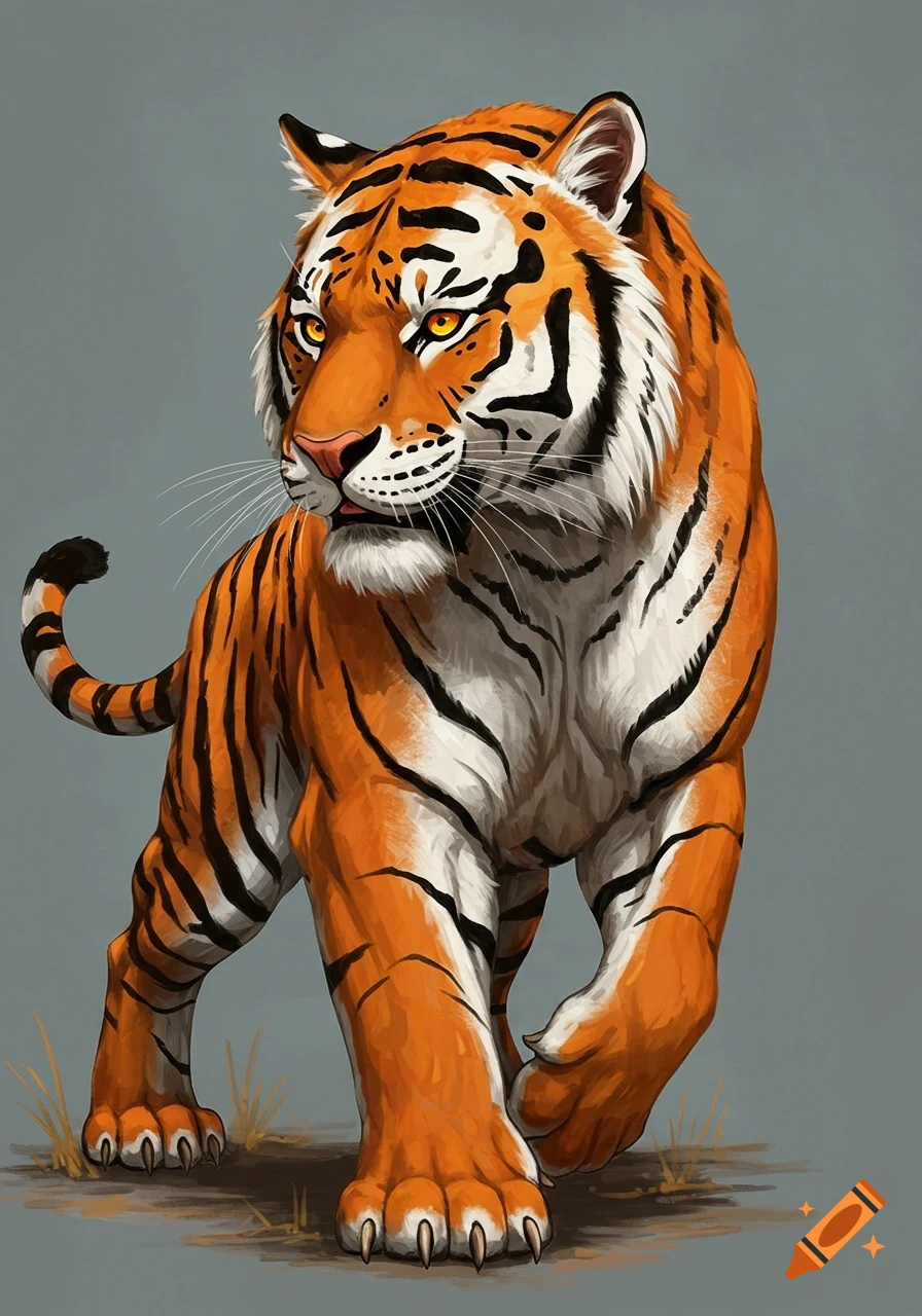 A detailed illustration of a majestic tiger walking forward with a strong gaze.