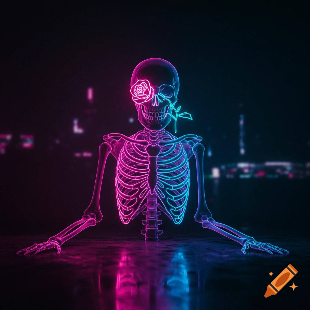 Neon skeleton with a pink rose in its eye socket, glowing in vibrant pink and blue against a dark background.