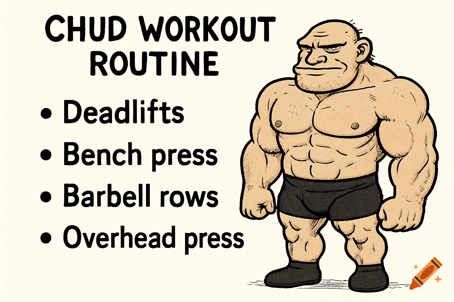 A cartoon drawing of a muscular, bald man with a beard standing next to a list titled "CHUD WORKOUT ROUTINE" with bullet points for deadlifts, bench press, barbell rows, and overhead press.