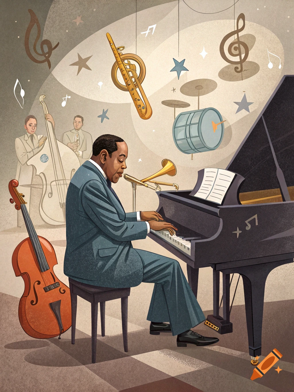 A stylized illustration of a Black jazz pianist playing a grand piano on stage with other musicians and floating instruments.