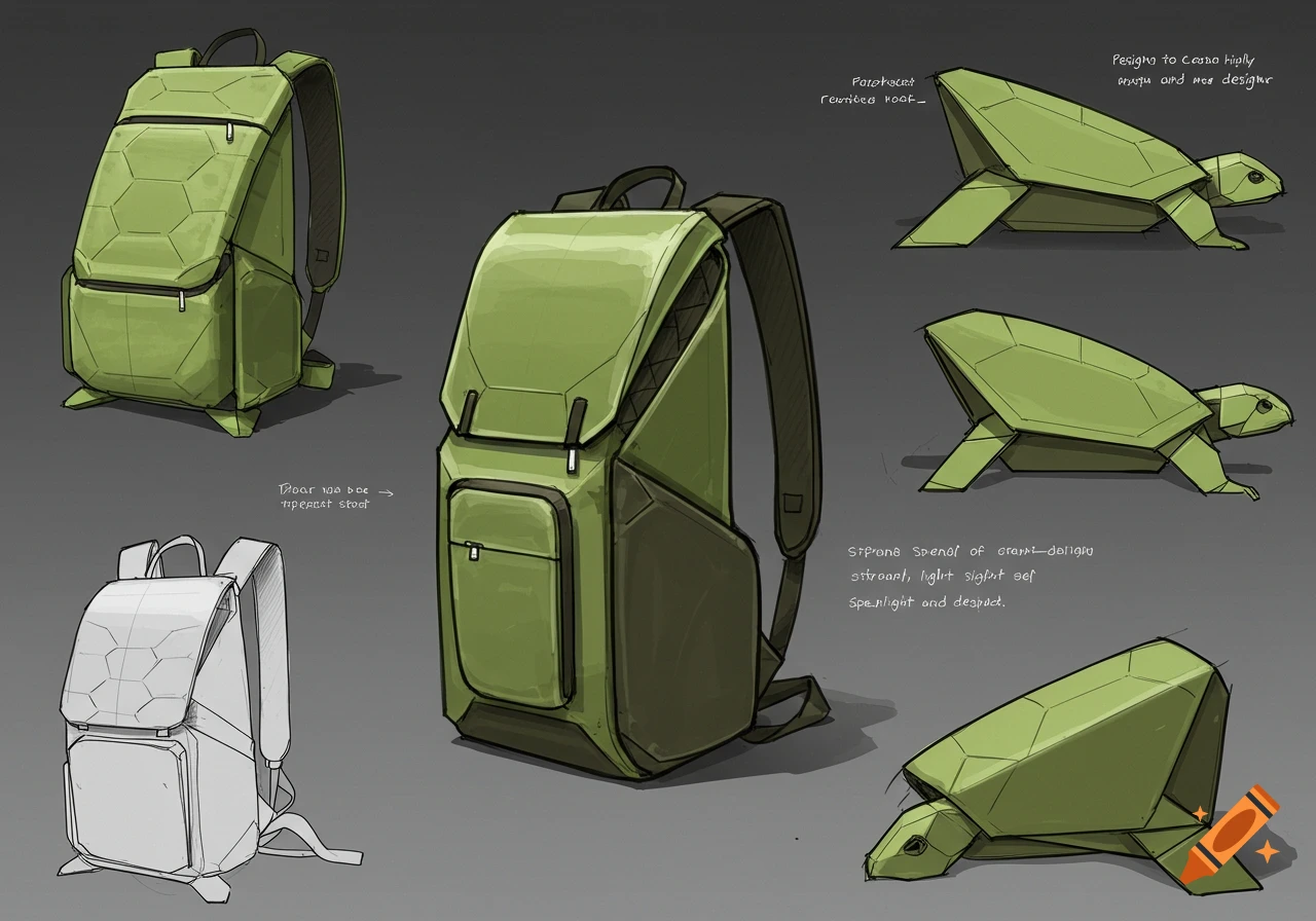 Design sketches of green backpacks inspired by origami turtles, showing different angles and a line drawing.