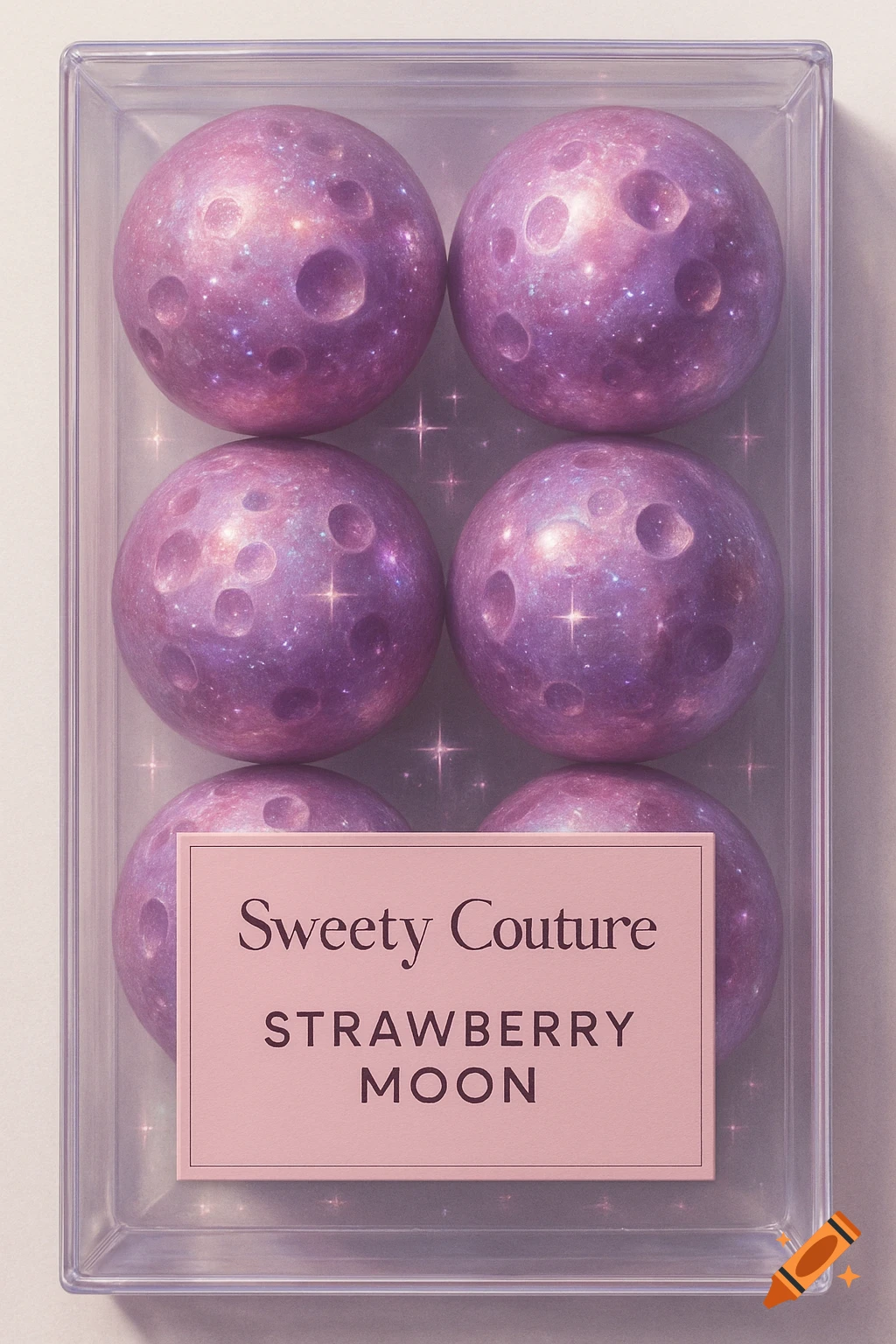 Six sparkly pink and purple moon-like spheres with craters and glitter, packaged in a clear box with a label reading 'Sweety Couture - Strawberry Moon'.