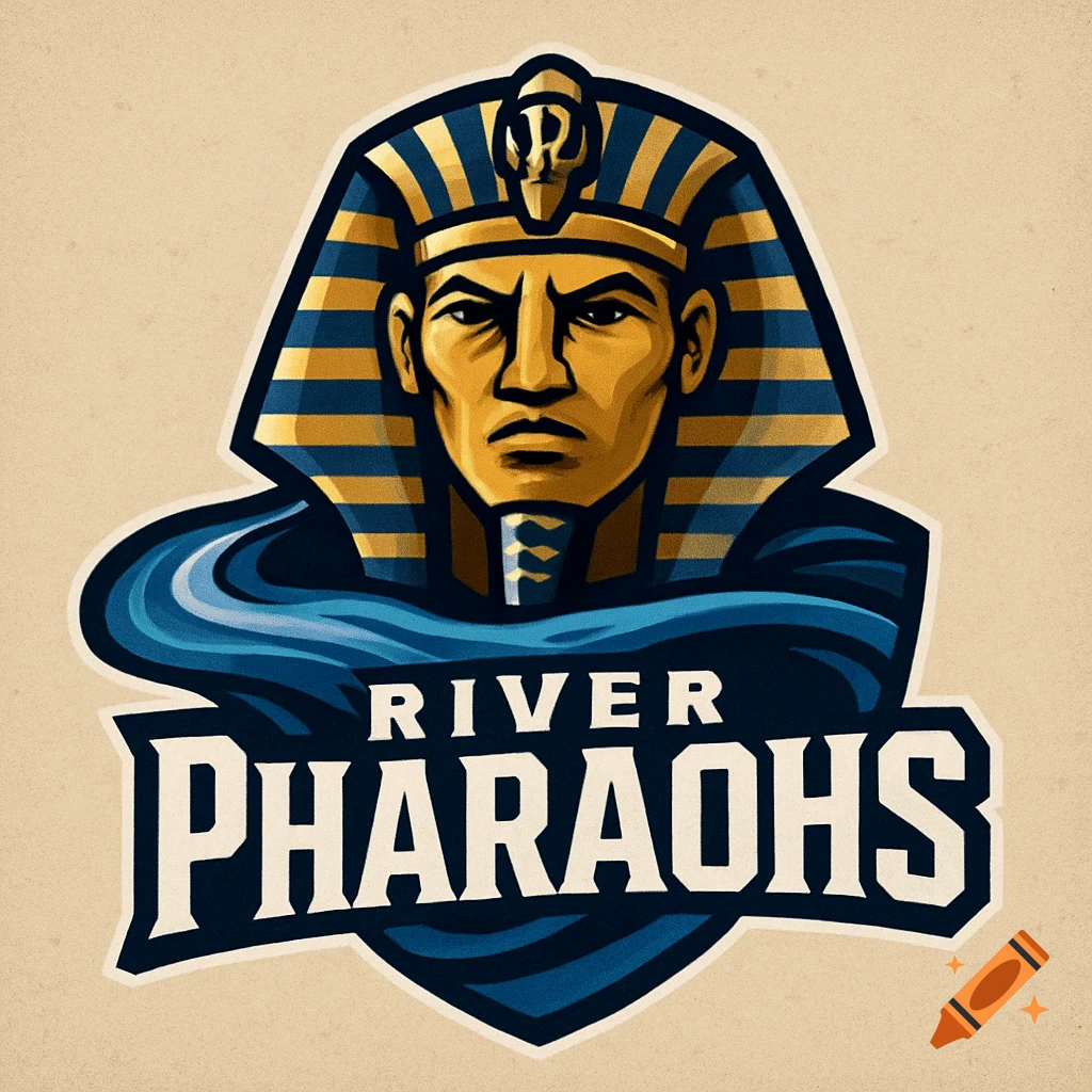 A sports logo featuring a pharaoh's head in a blue and gold nemes headdress, with blue waves, and the words 'RIVER PHARAOHS'.