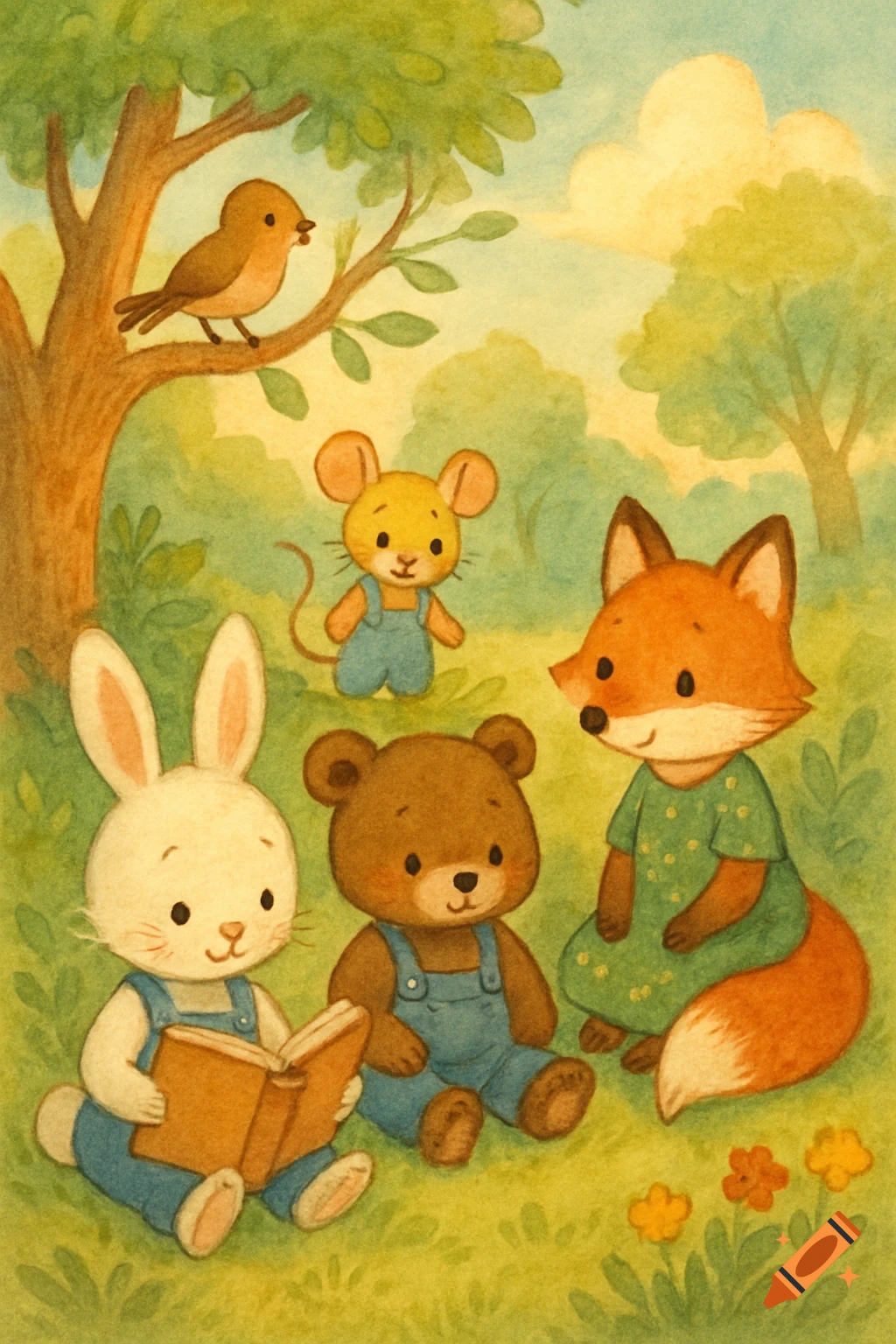 A watercolor illustration of a white bunny reading a book, a brown bear, a fox, and a mouse sitting in a grassy forest with a bird in a tree.