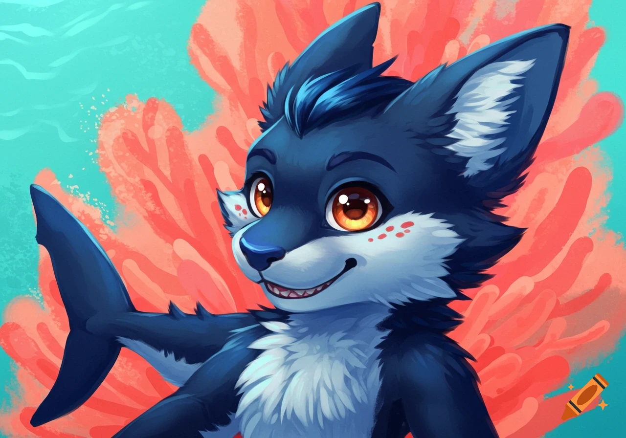 A cute, blue shark-wolf furry character smiles against a vibrant turquoise and coral background in a digital illustration.