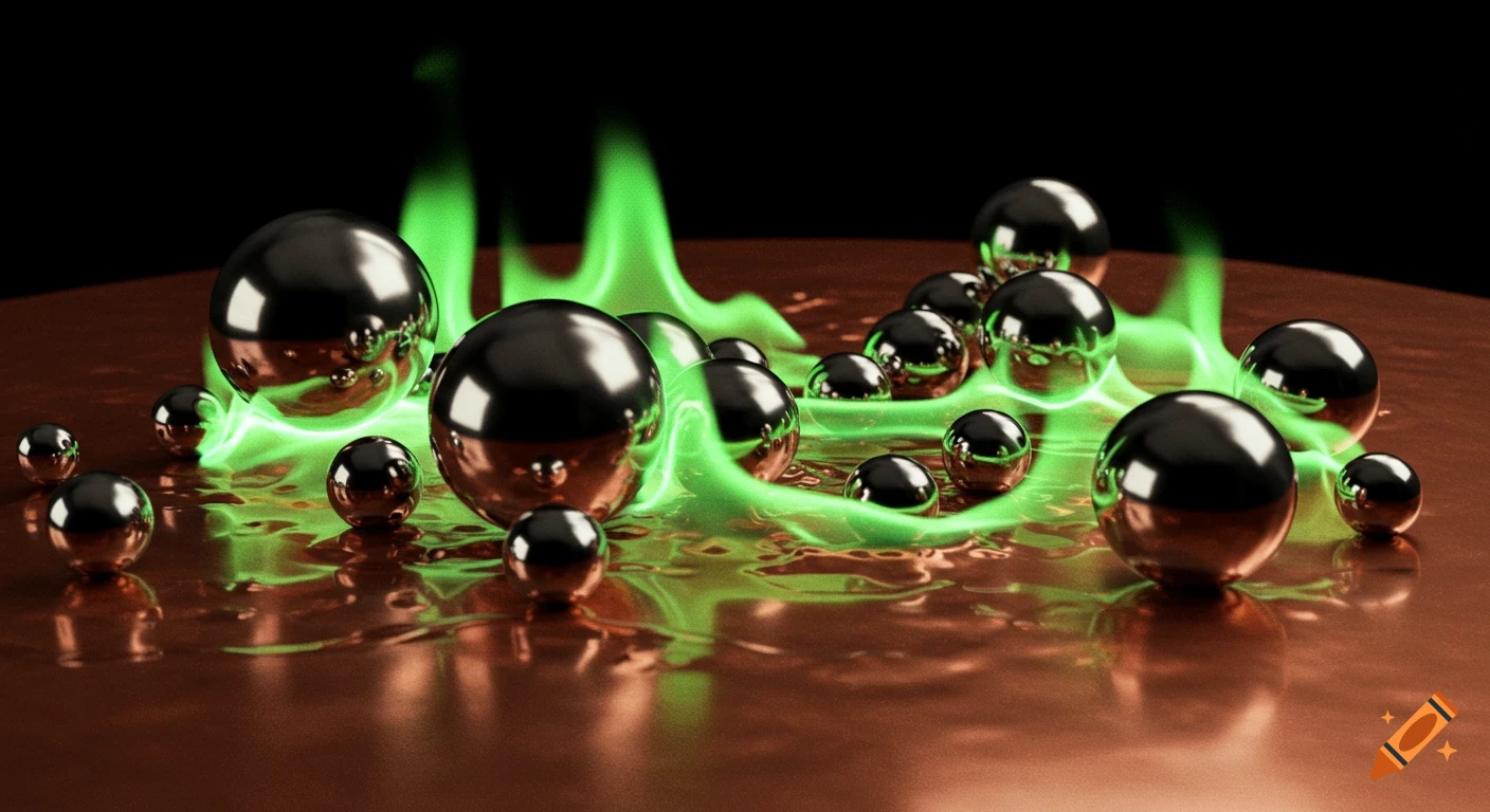 Close-up of metallic spheres on a reflective copper surface with bright green glowing flames.