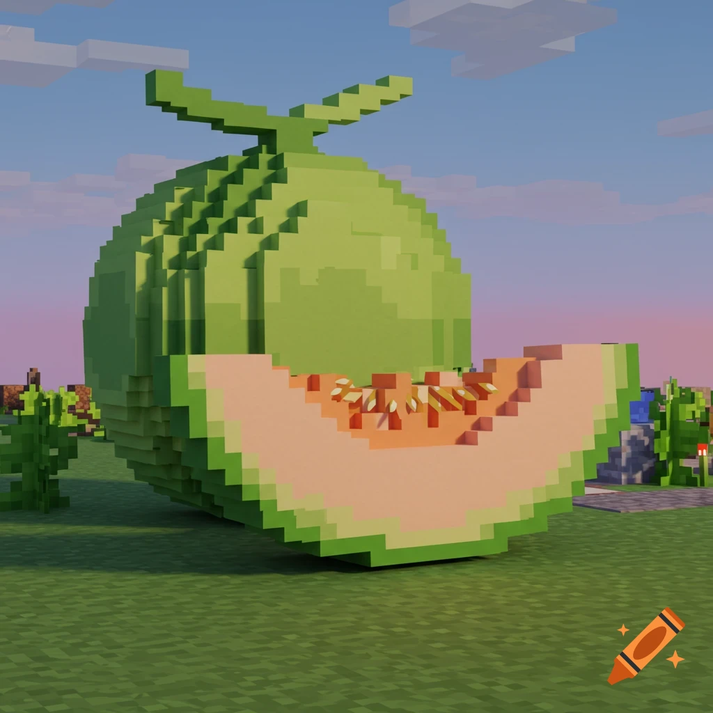 A giant green melon and a slice of melon with seeds, rendered in a blocky, Minecraft-style on a grassy landscape.