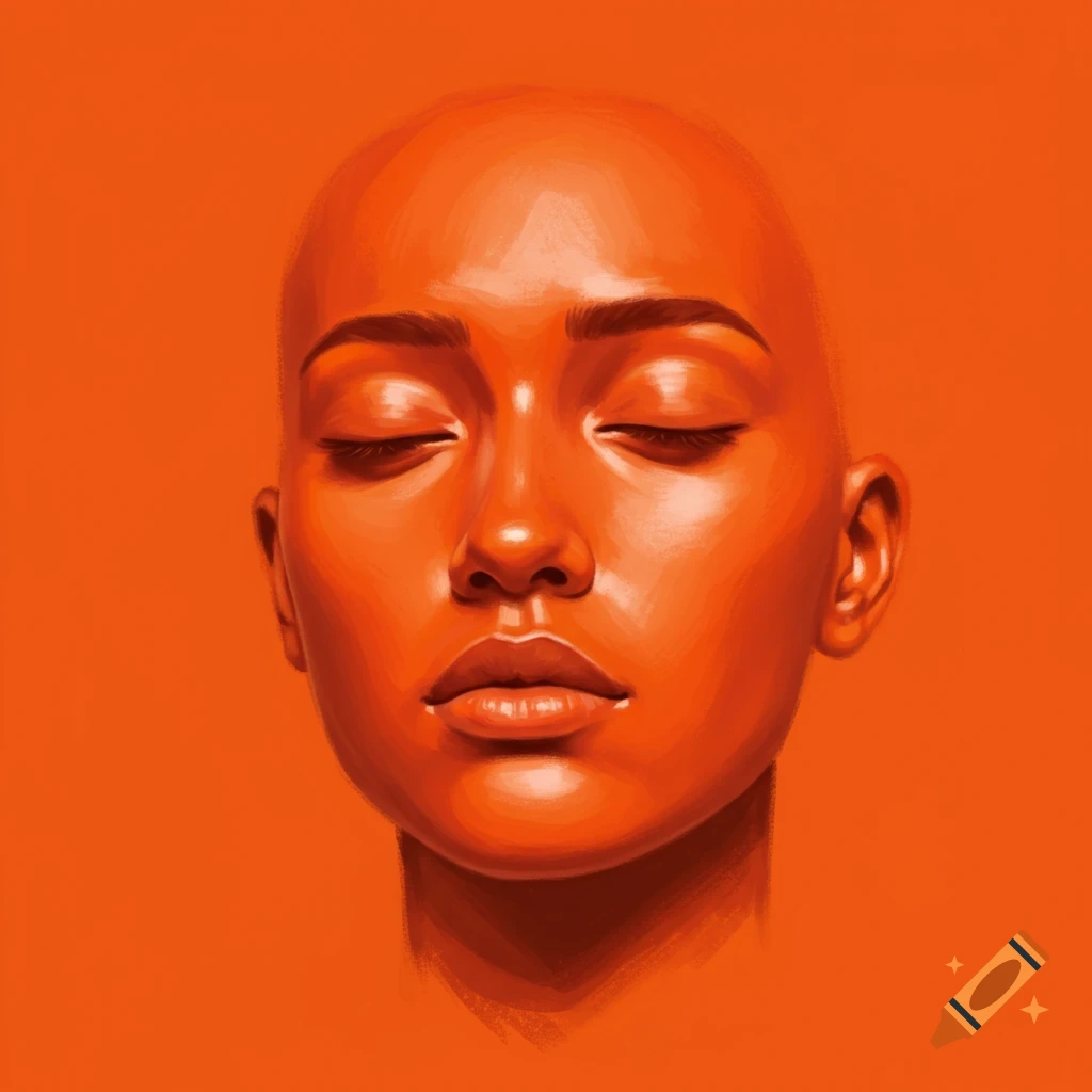 A vibrant orange-toned digital painting of a bald person's face with closed eyes.