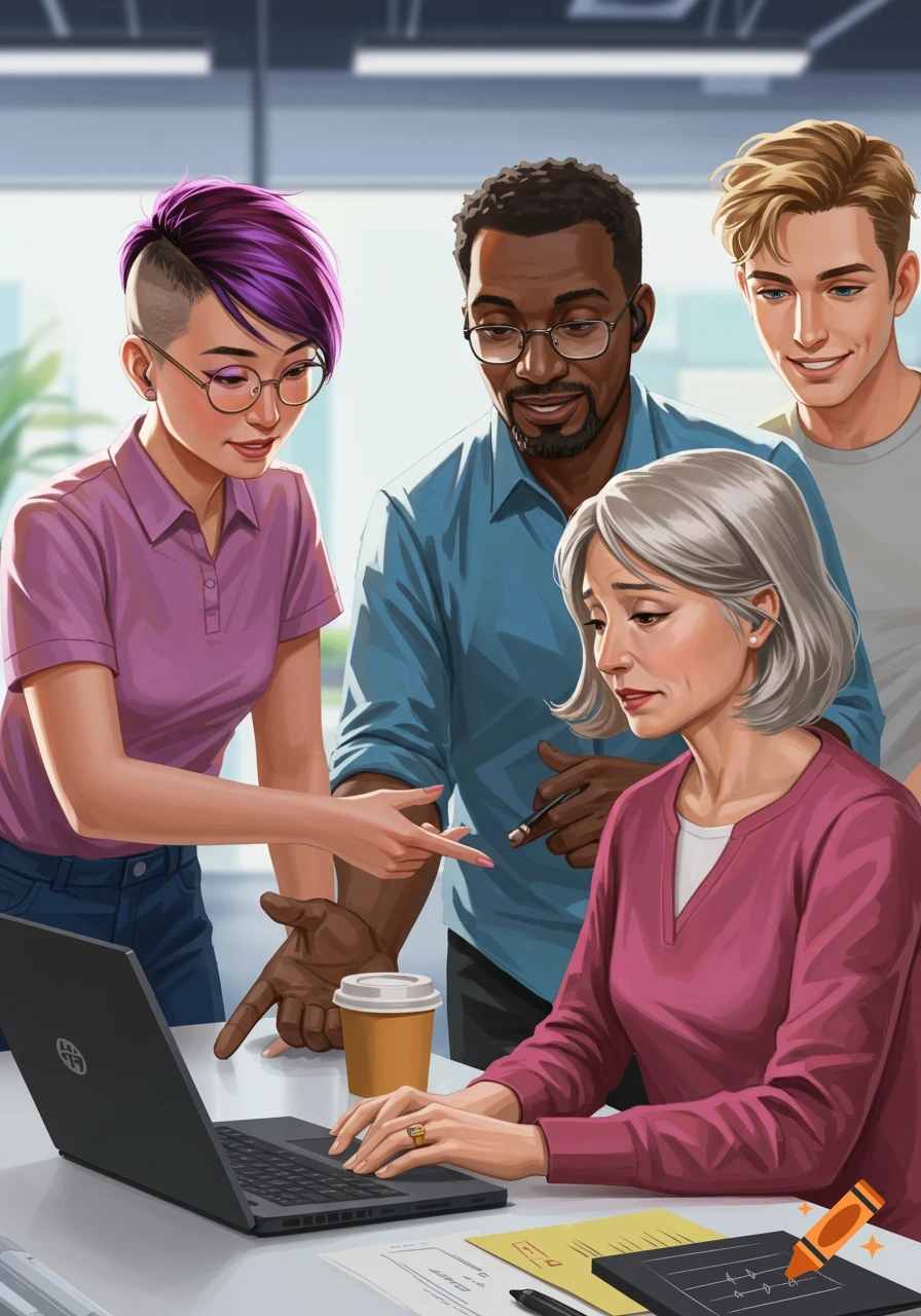 An illustration of a diverse tech team collaborating around a laptop in an office setting, with one member pointing at the screen.