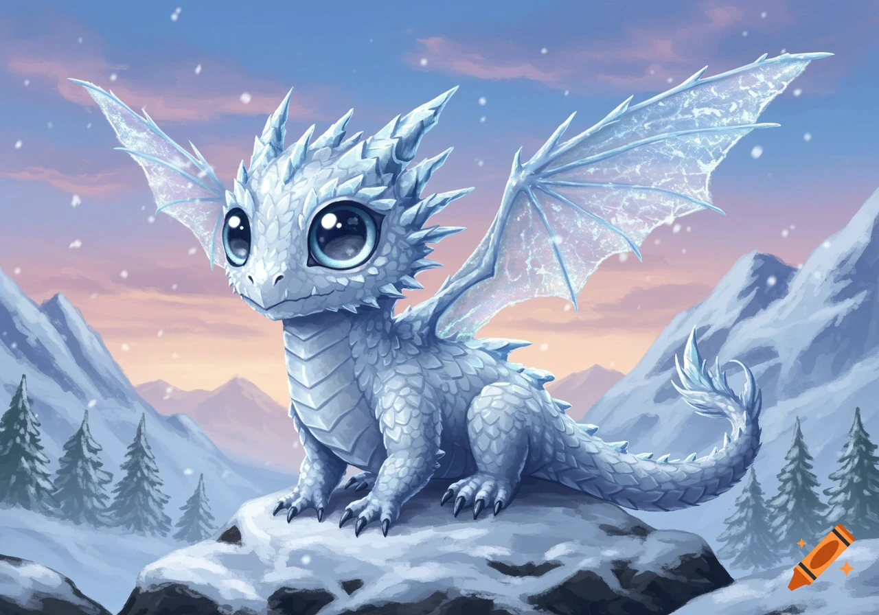 A stylized baby ice dragon with large blue eyes and icicle-like scales sits on a snowy rock in a mountain landscape with falling snow.
