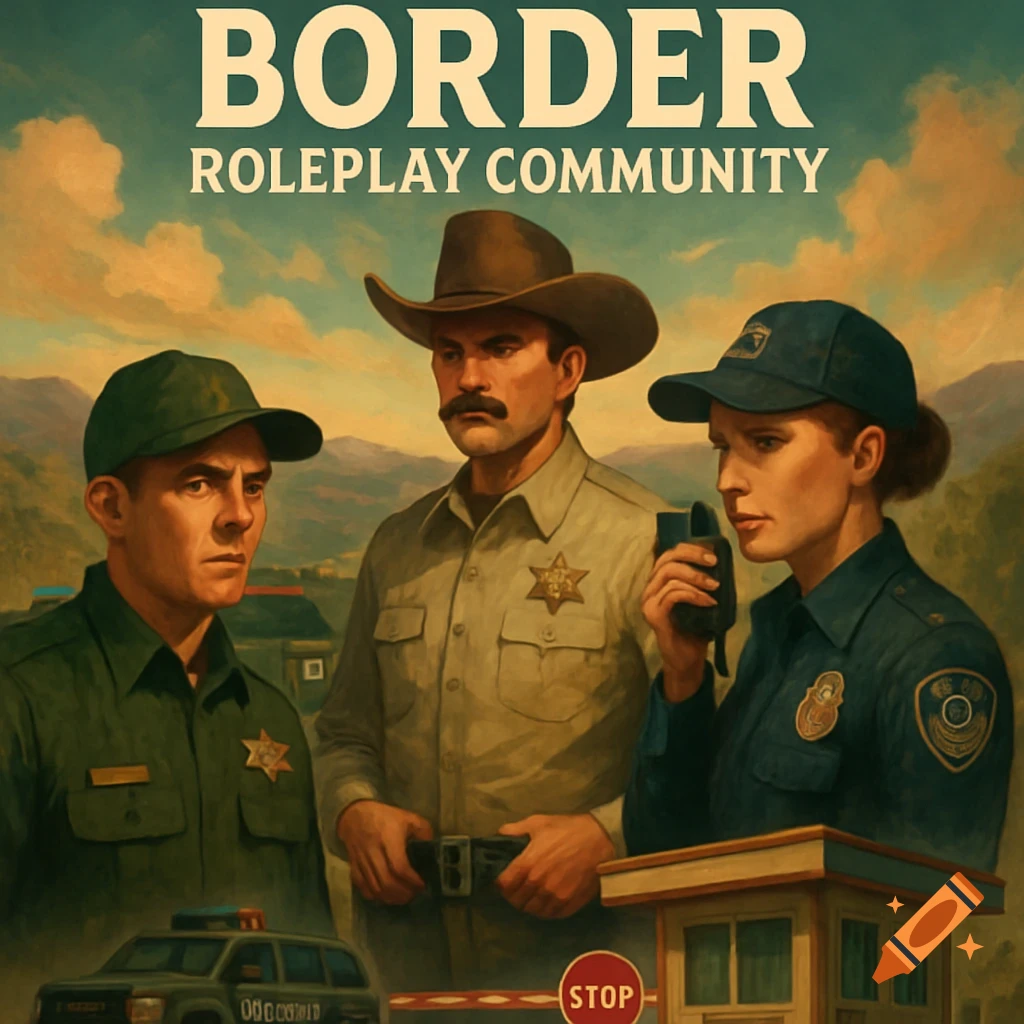 An illustration of three law enforcement officers, a border patrol agent, a sheriff, and a police officer, at a border checkpoint, with text "BORDER ROLEPLAY COMMUNITY".