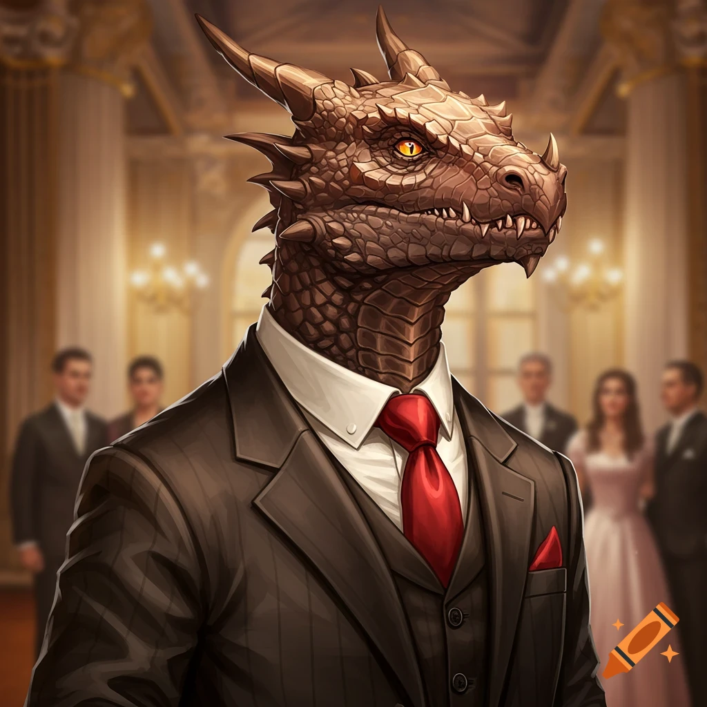 A detailed portrait of a brown dragon-like creature in a dark suit and red tie, in a formal ballroom setting.