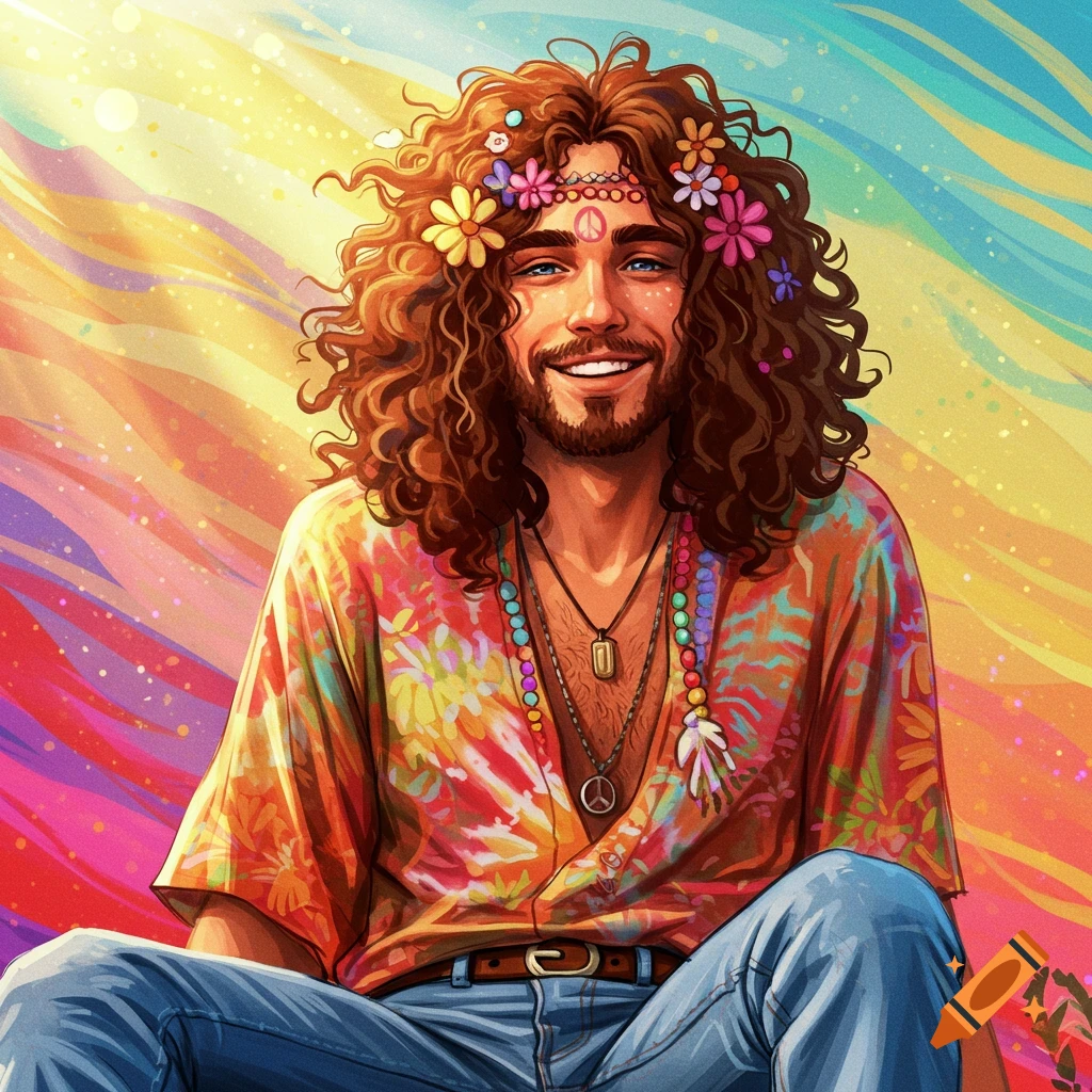 A smiling man with long curly hair, wearing a colorful tie-dye shirt and flower headband, sits against a vibrant rainbow background.
