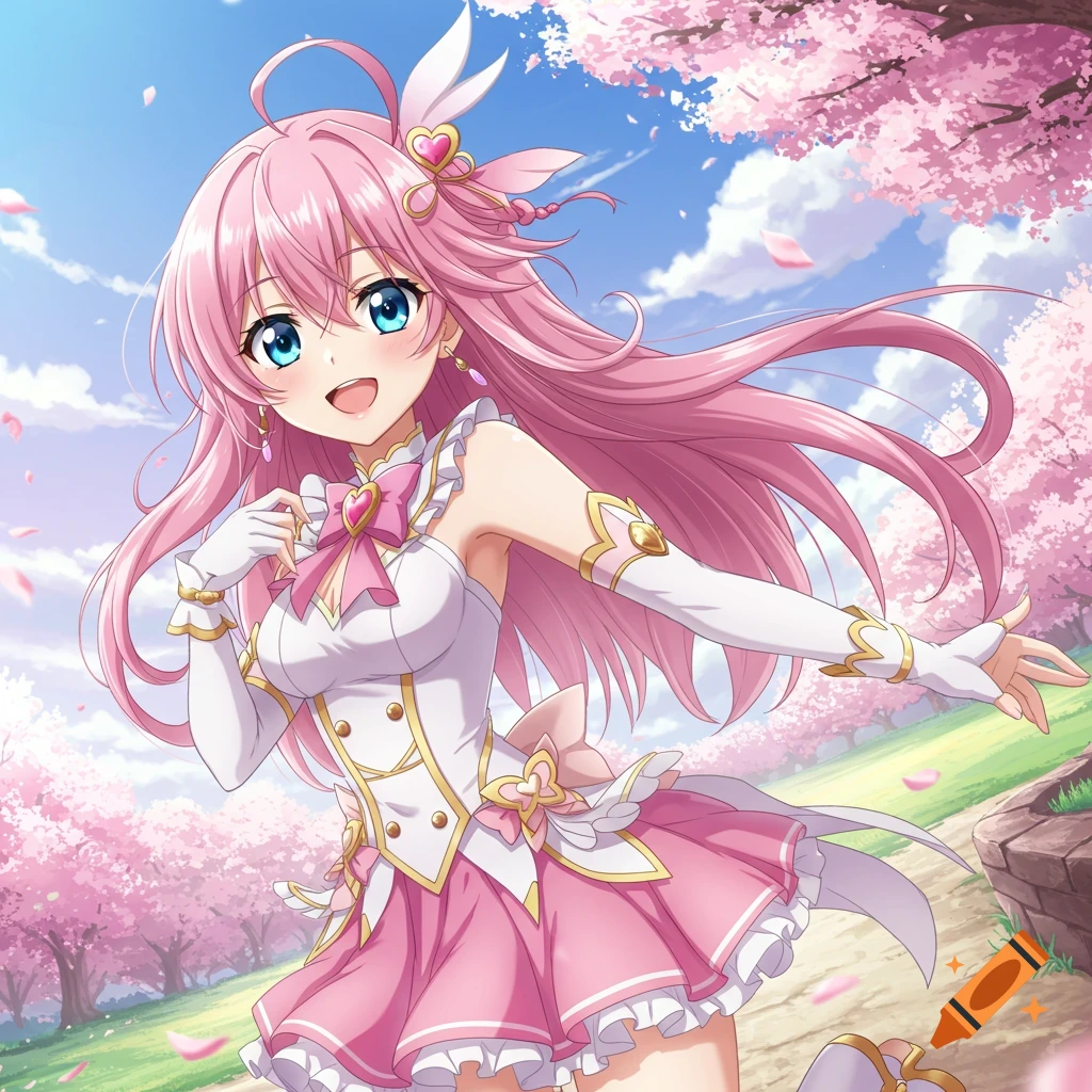 An anime girl with pink hair and a white and pink dress smiles while standing among cherry blossom trees with petals falling.