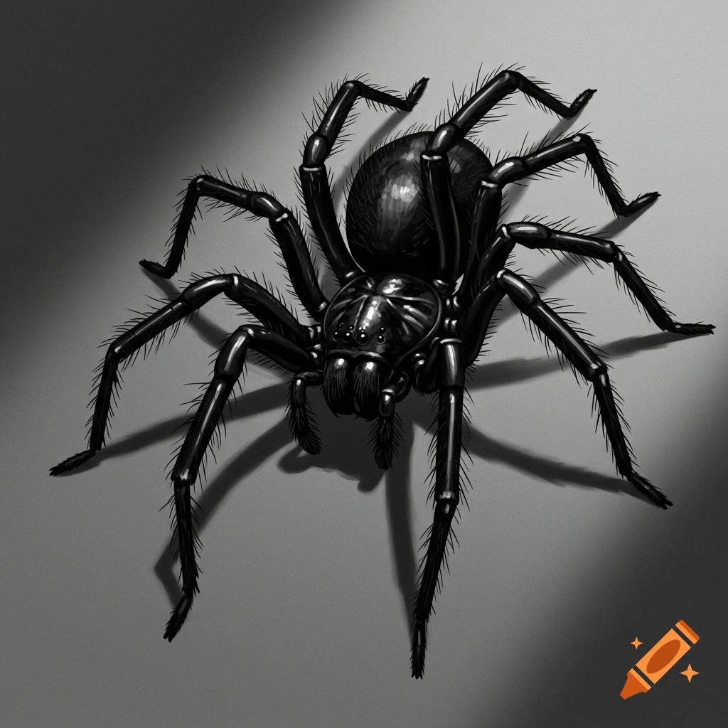 A detailed, realistic black spider with hairy legs on a gray background, in grayscale.
