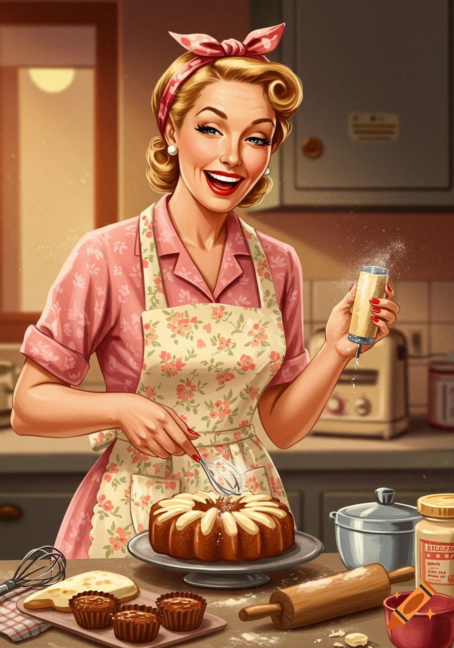 A smiling retro woman in a floral apron bakes a cake in a bright kitchen, dusting it with powder.