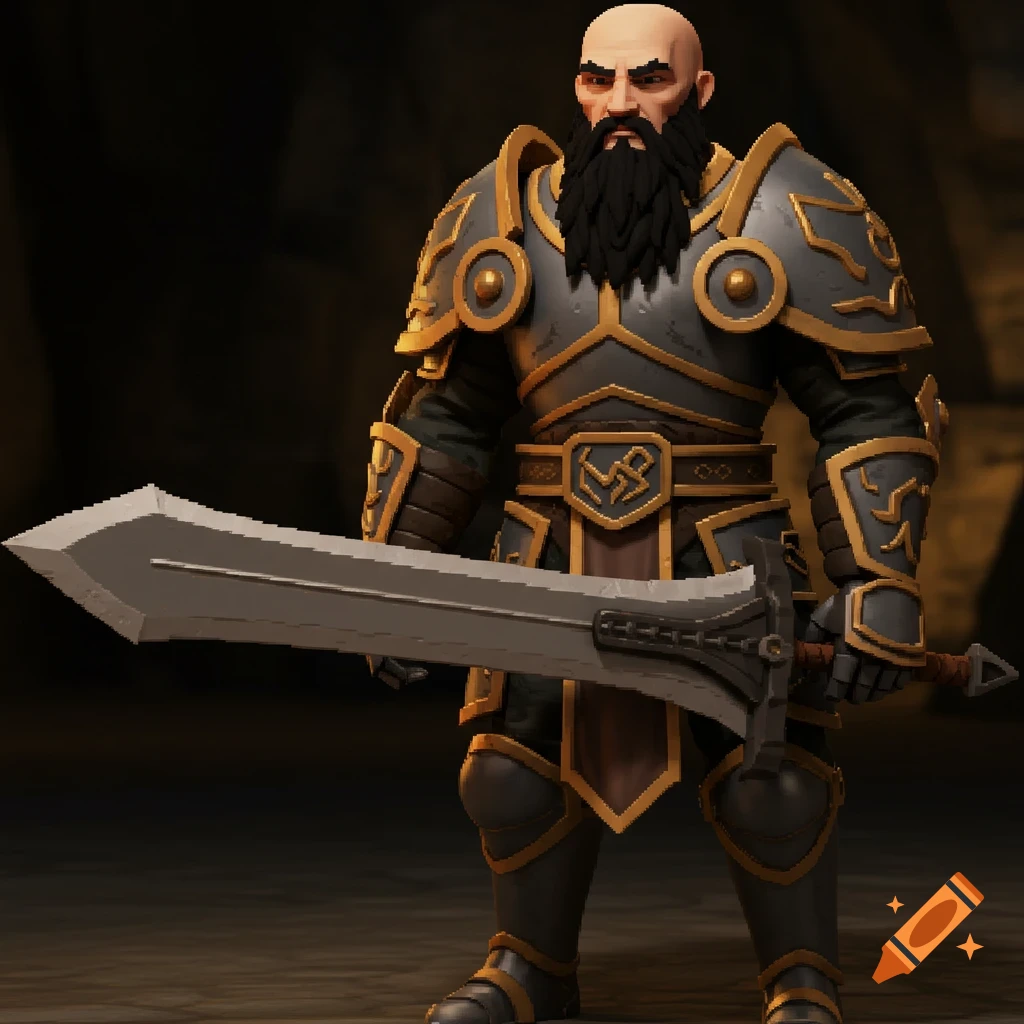 A bald, bearded male character in gray and gold fantasy armor holds a large two-handed sword, stylized like a video game avatar.