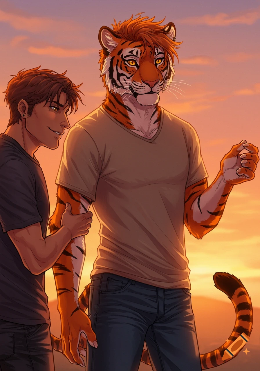 A human man holds the arm of a tall anthropomorphic tiger with orange hair and gold eyes, silhouetted by a warm sunset sky in anime style.