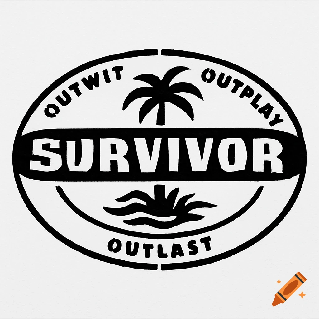 Black and white Survivor TV show logo with text "Outwit Outplay Outlast" and palm tree imagery.