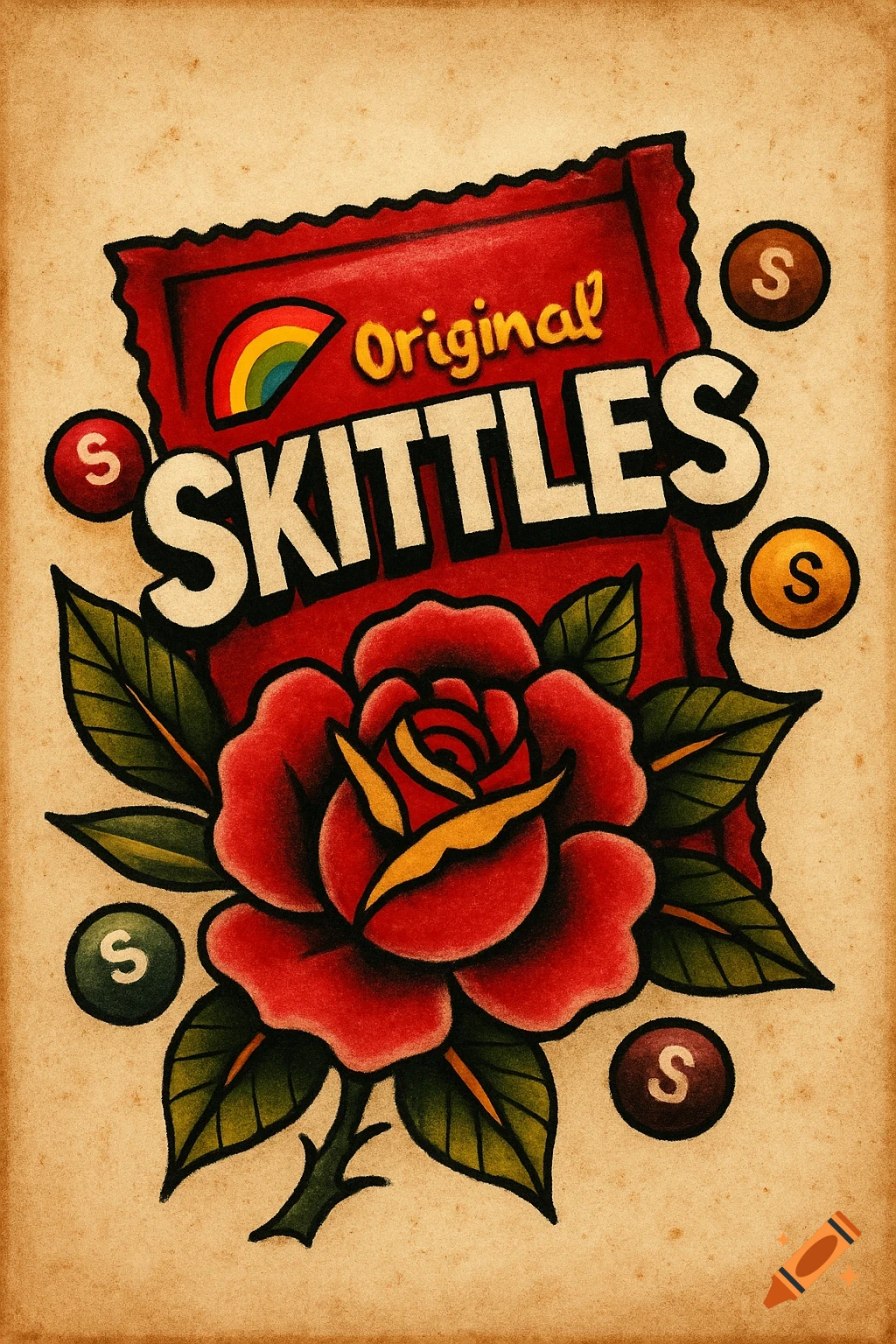 Traditional American tattoo illustration of a red Skittles bag with a rose and scattered candies on a textured background.