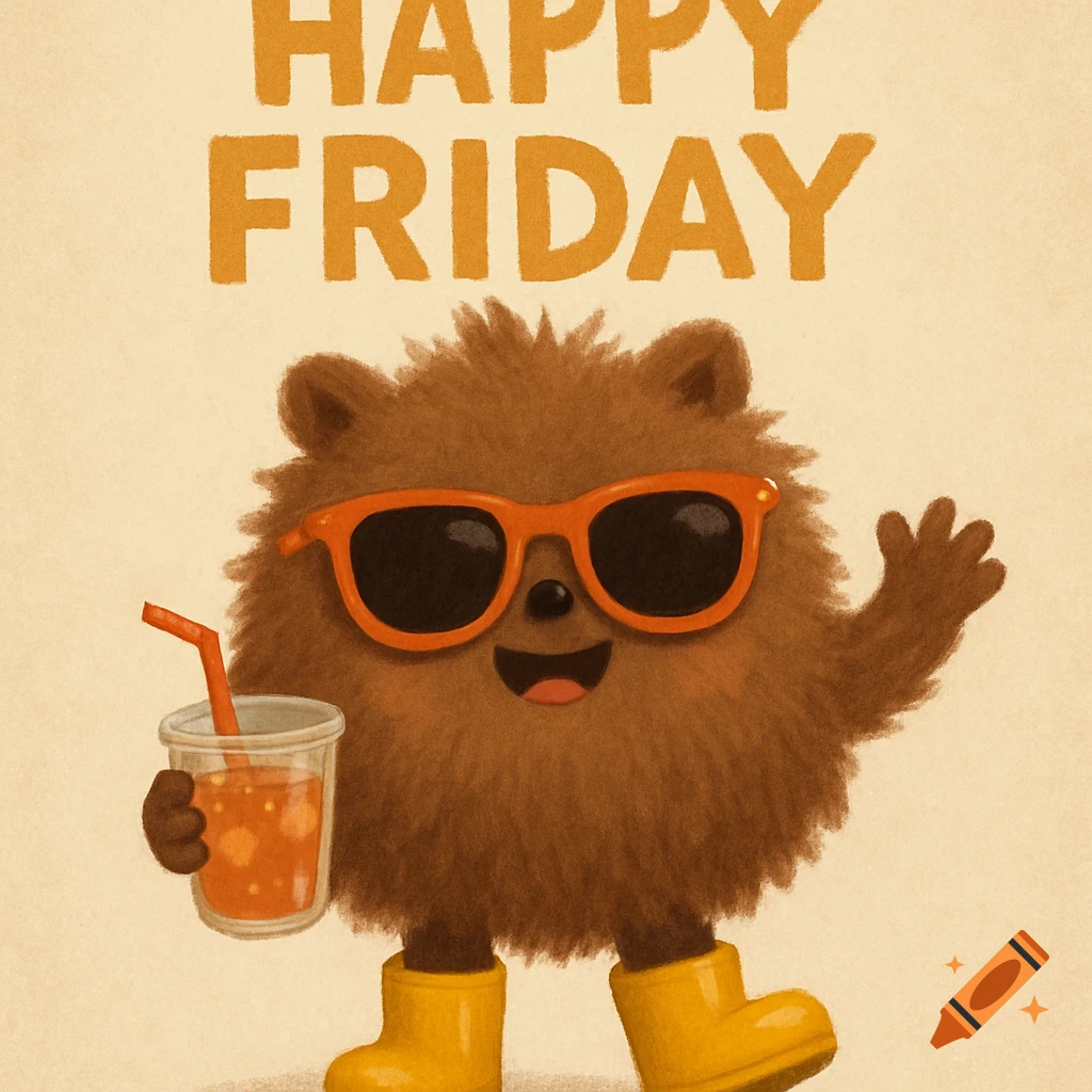 A fluffy brown creature with orange sunglasses and yellow boots holds a drink and waves under the text "HAPPY FRIDAY" in a cheerful cartoon style.