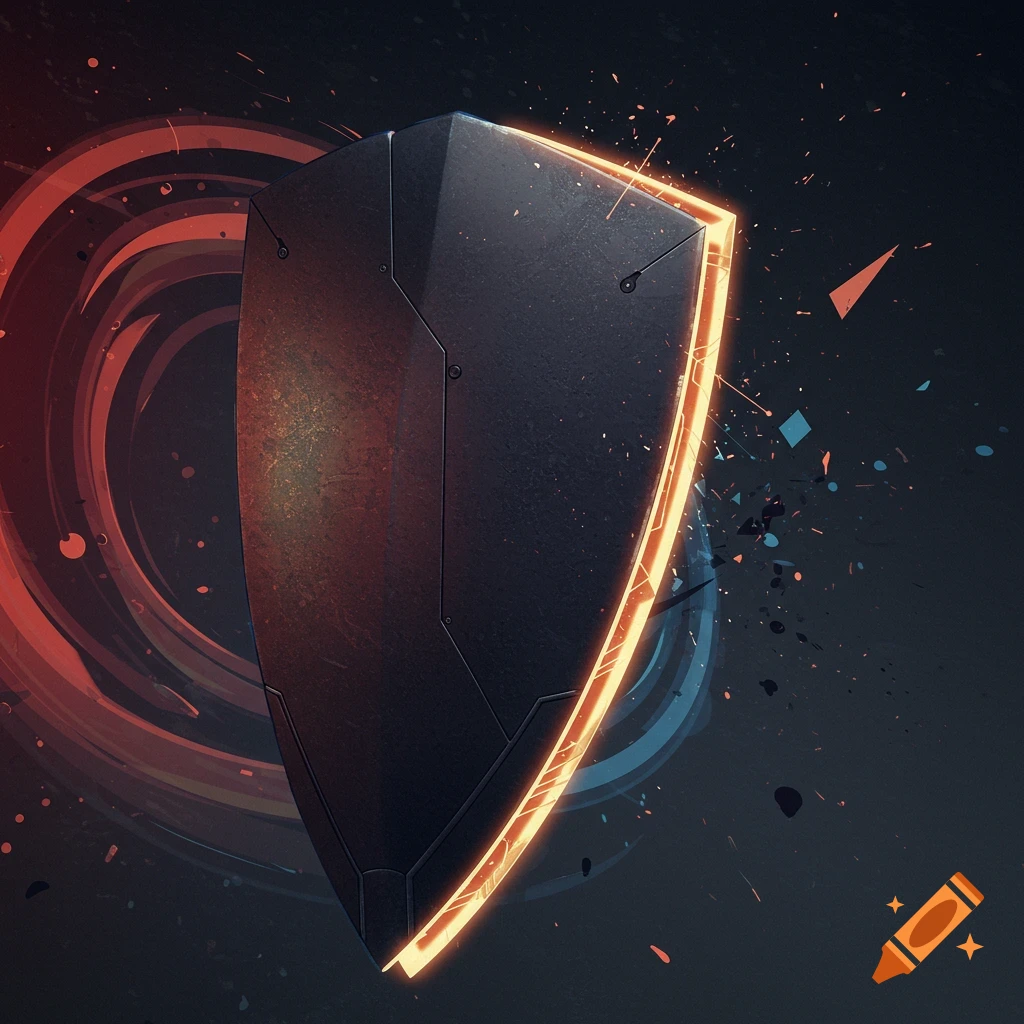 A dark, metallic shield with glowing orange edges stands upright, surrounded by dynamic abstract swirls of red and blue energy particles against a dark background.
